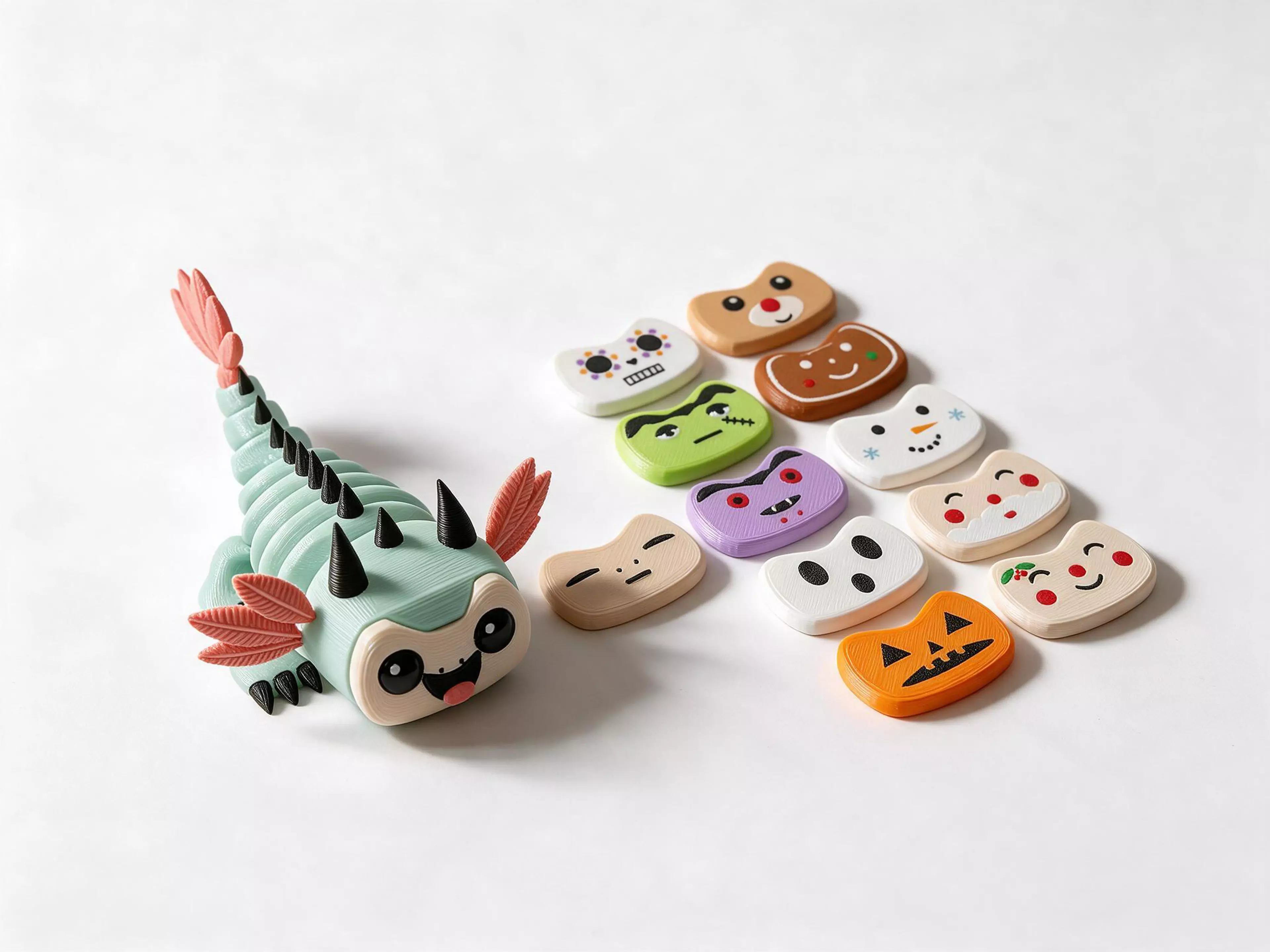 A posable mint axolotl-dragon with twelve swap-on faces for every day, Halloween and Christmas.