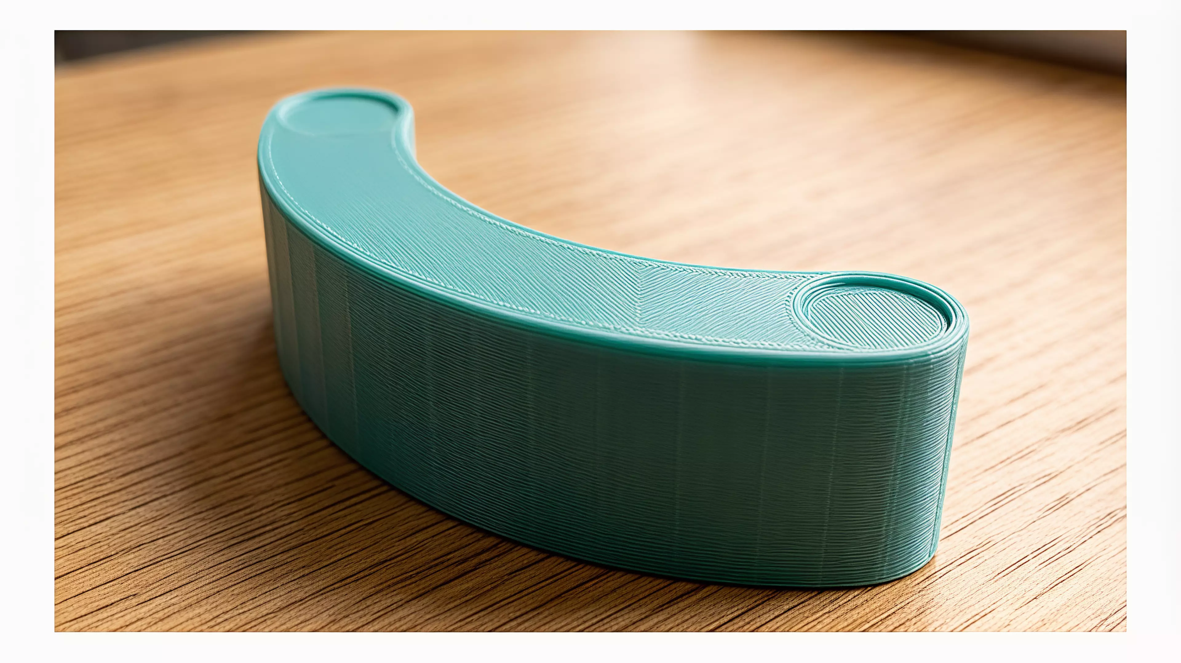 A tiny one-piece crescent desk rocker. Press a rounded horn with a fingertip and it tips, then gravity walks it back to rest on its outer curve.