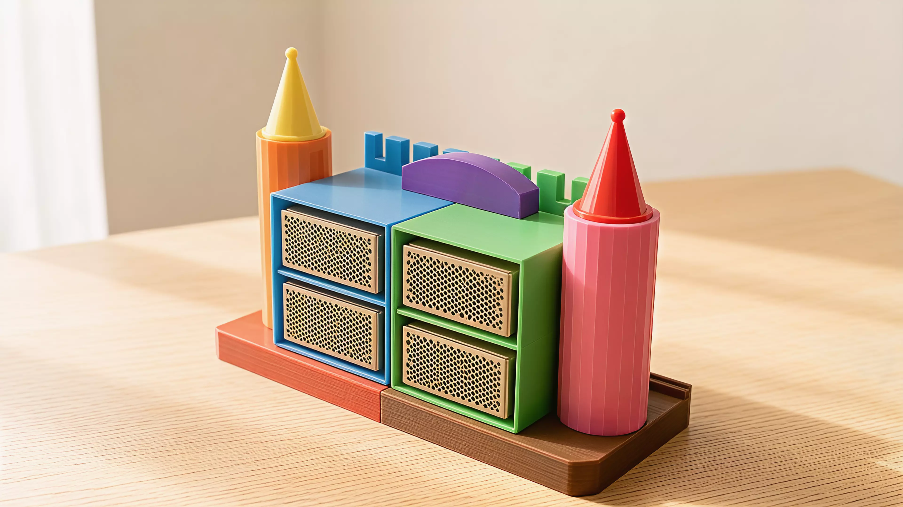 A pearl-white "fairytale-fortress" desktop rack that actually holds four real DGX Sparks (150×150×50.5 mm, 1.2 kg each) in a 2×2 slide-in grid, built from 9 printed modules that bolt together with hidden M4 hardware.