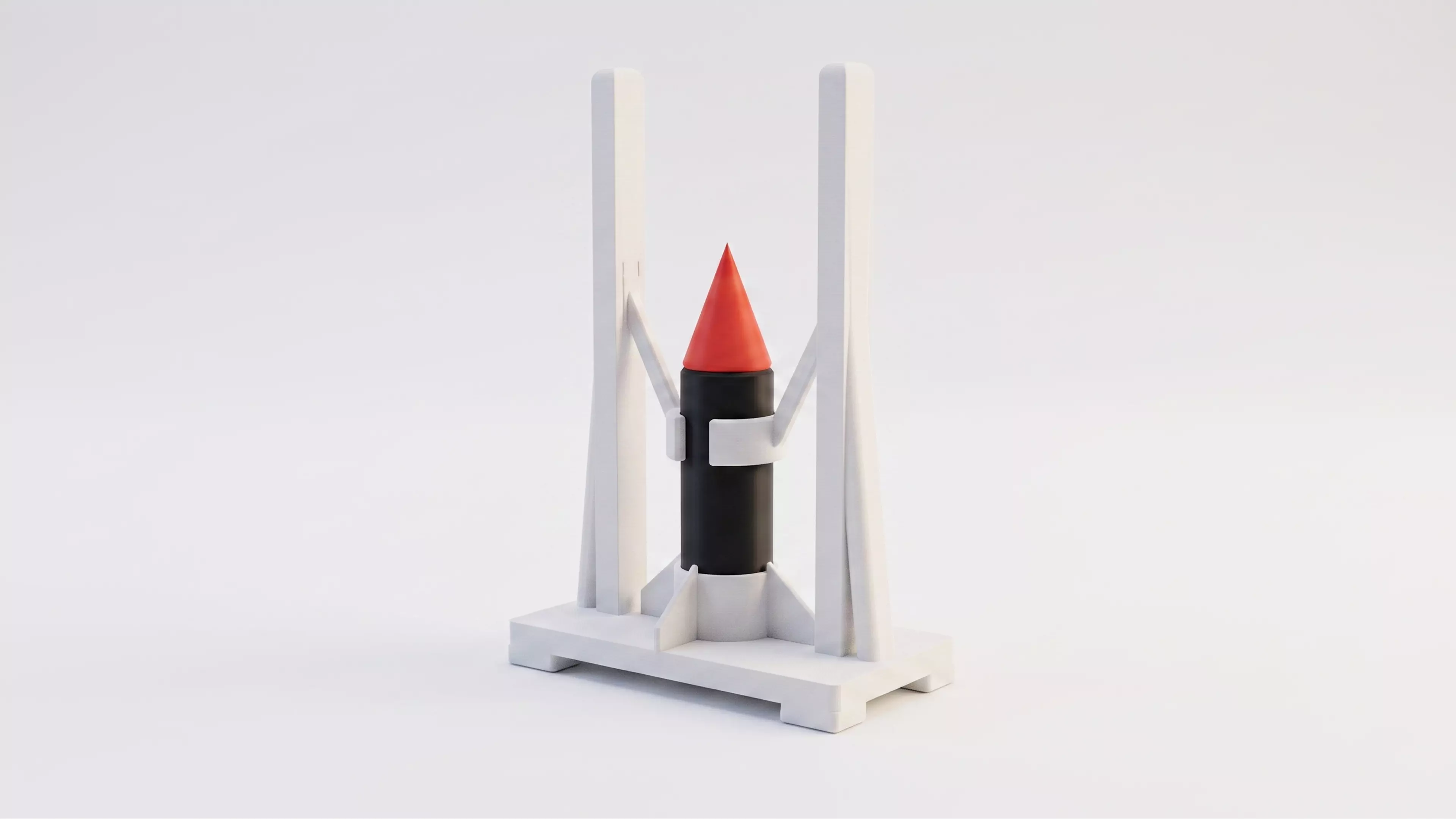 A 180 mm desktop model-rocket-on-launch-tower display: a natural-wood-tone launch tower cradling a removable tan/gray toy rocket, matching the reference photo's craft-model look.