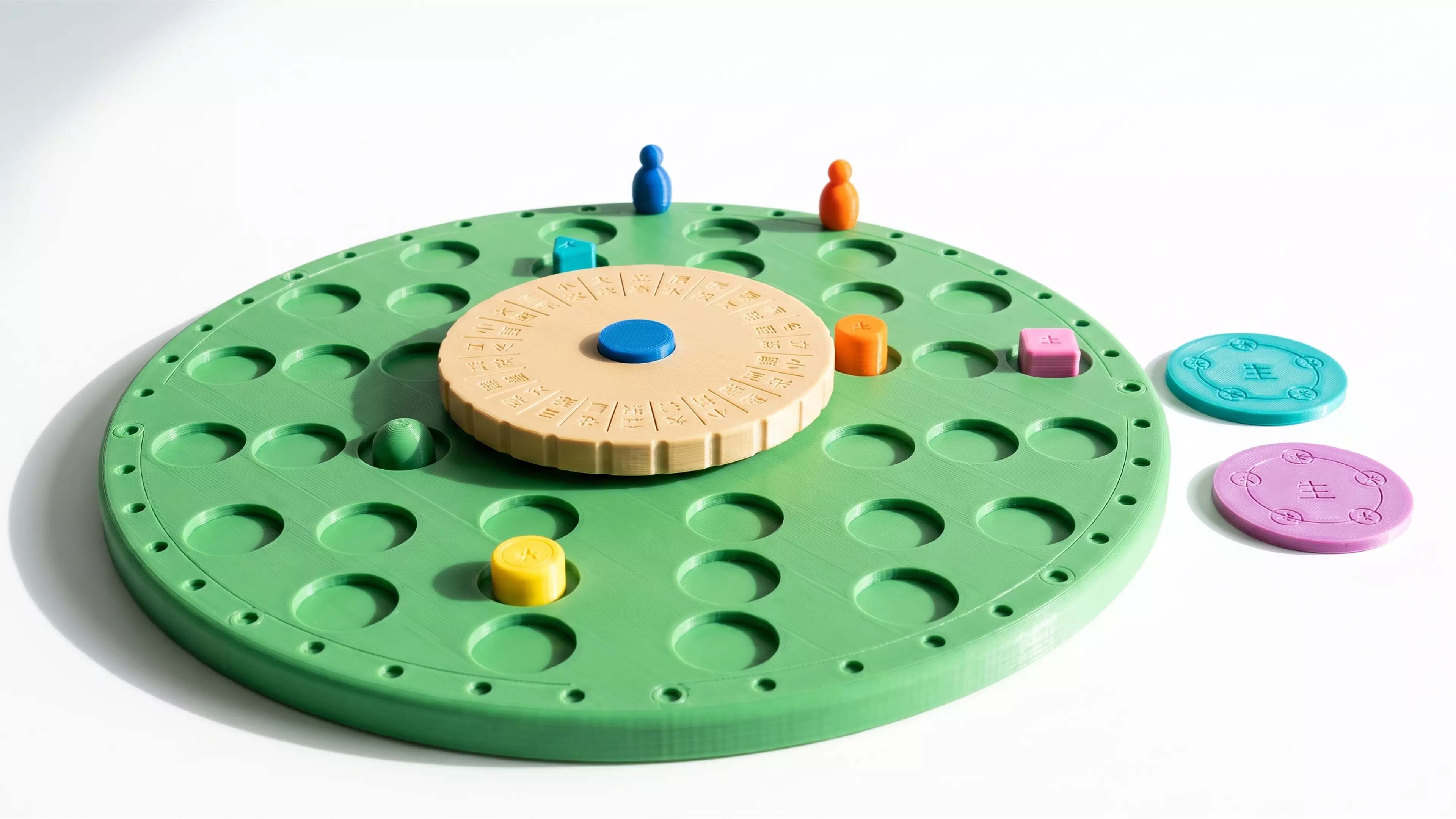 An original, 3D-printed family strategy board game rooted in the 24 solar terms (二十四节气, UNESCO intangible heritage) and the Wuxing five-element cycle: a Ø250 mm circular walnut-tone board with a click-detented rotating celadon wheel at its center.
