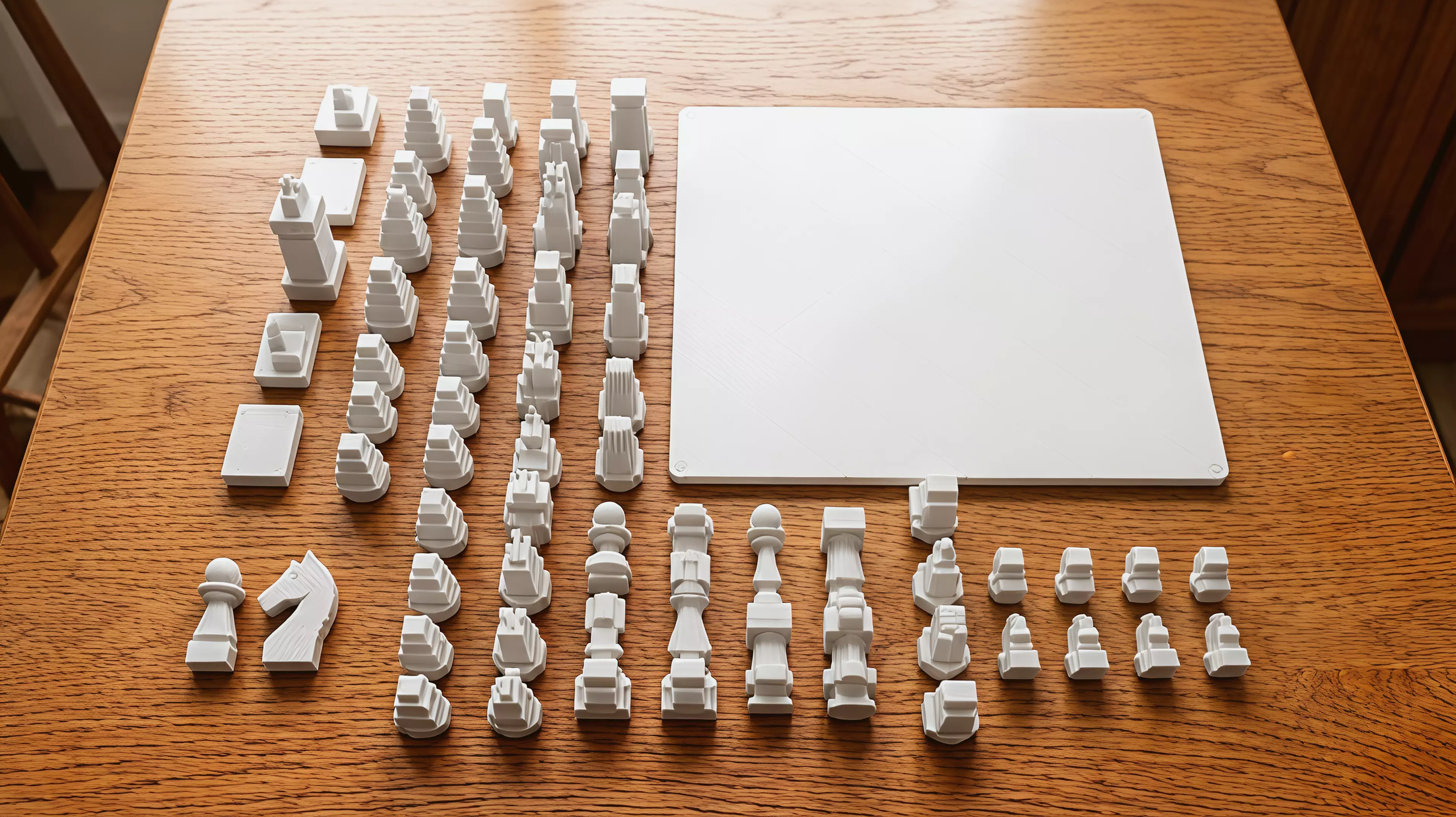 A compact standard-rules chess set with two tactile armies built from six Ho Chi Minh City architectural silhouettes.