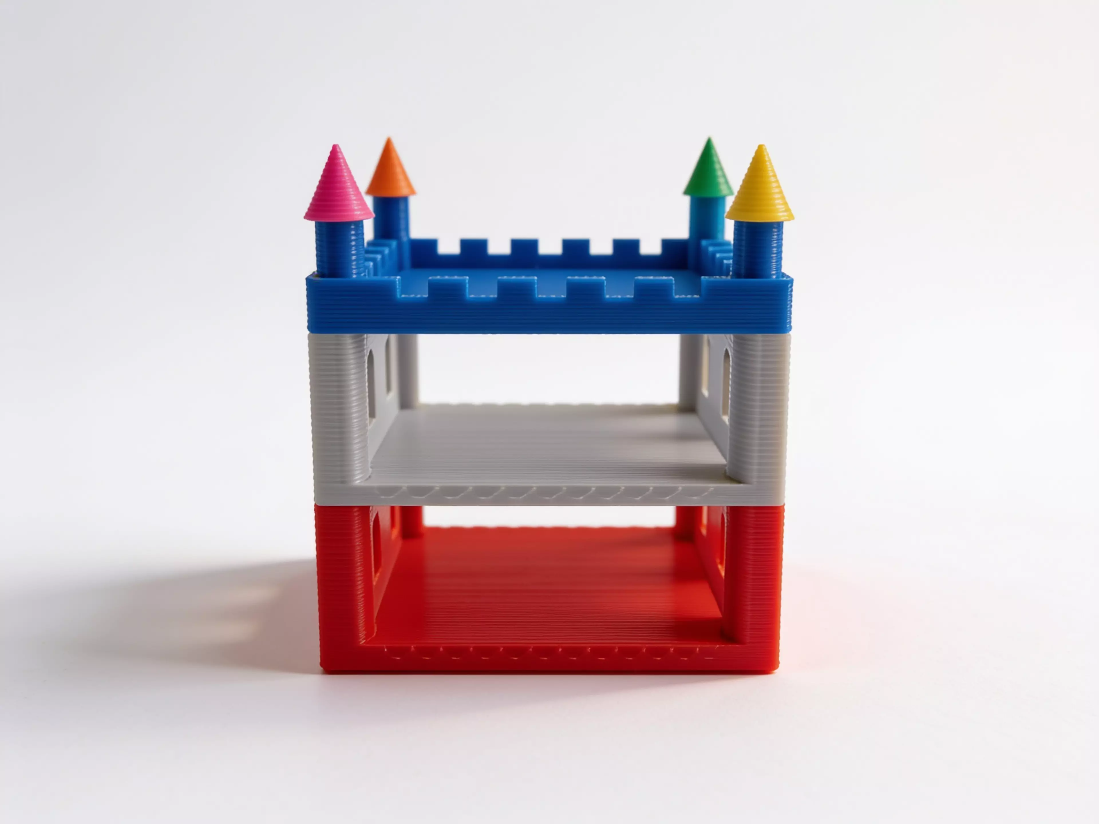 Design a castle shelf to hold four DGX Spark units (dimensions per unit: 150 mm L × 150 mm W × 50.5 mm H). The design should be unique, cute, and vibrant, featuring a modern pastel color palette.