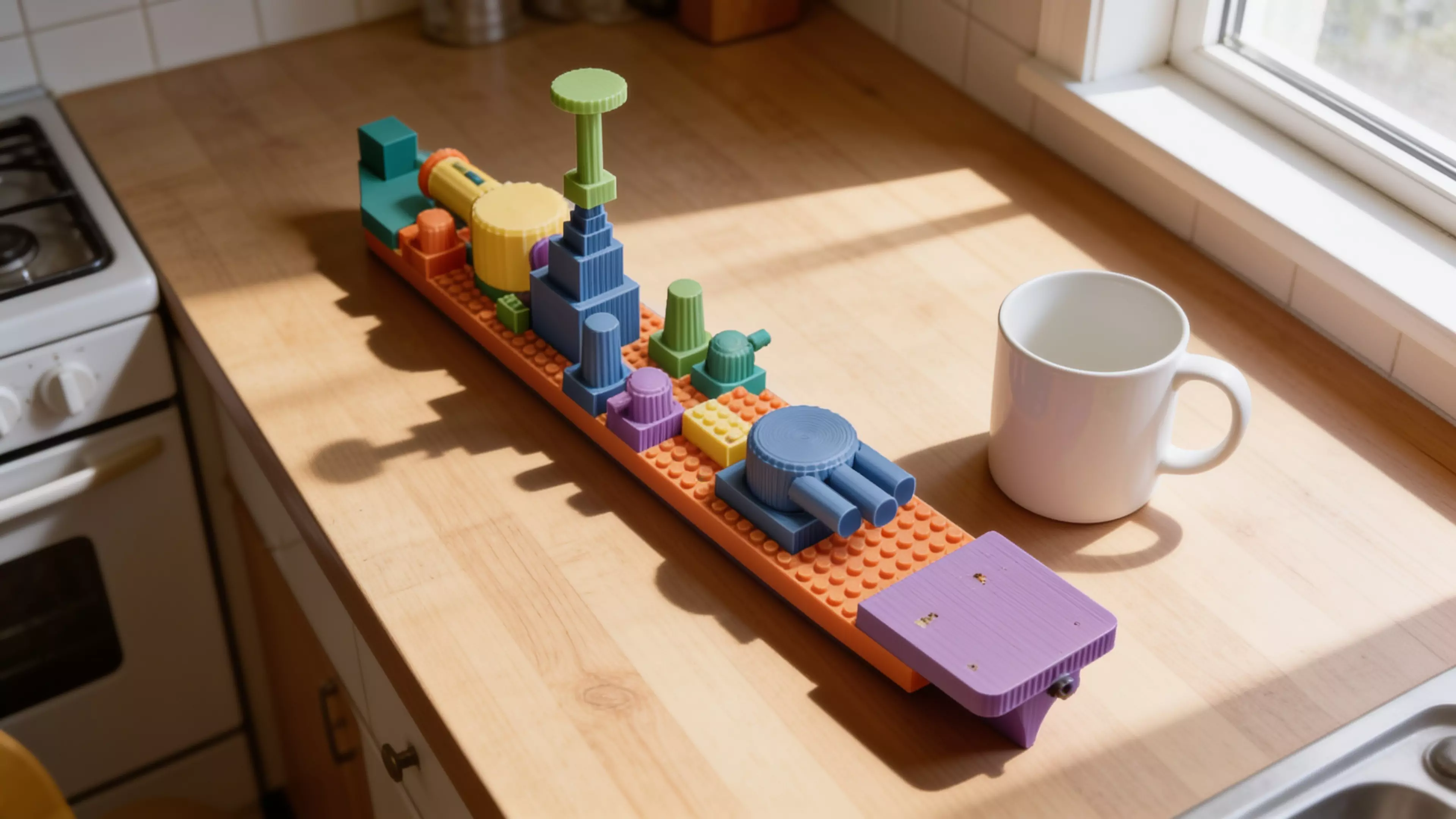 A WWII-dreadnought-styled construction toy: an 8 mm-pitch stud-and-tube brick system (deck plate, bow, stern, bridge tower, generic bricks, smokestacks, secondary turrets) plus a free-rotating main turret with a spring-less push-launcher, assembling into a 240 mm desktop battleship.