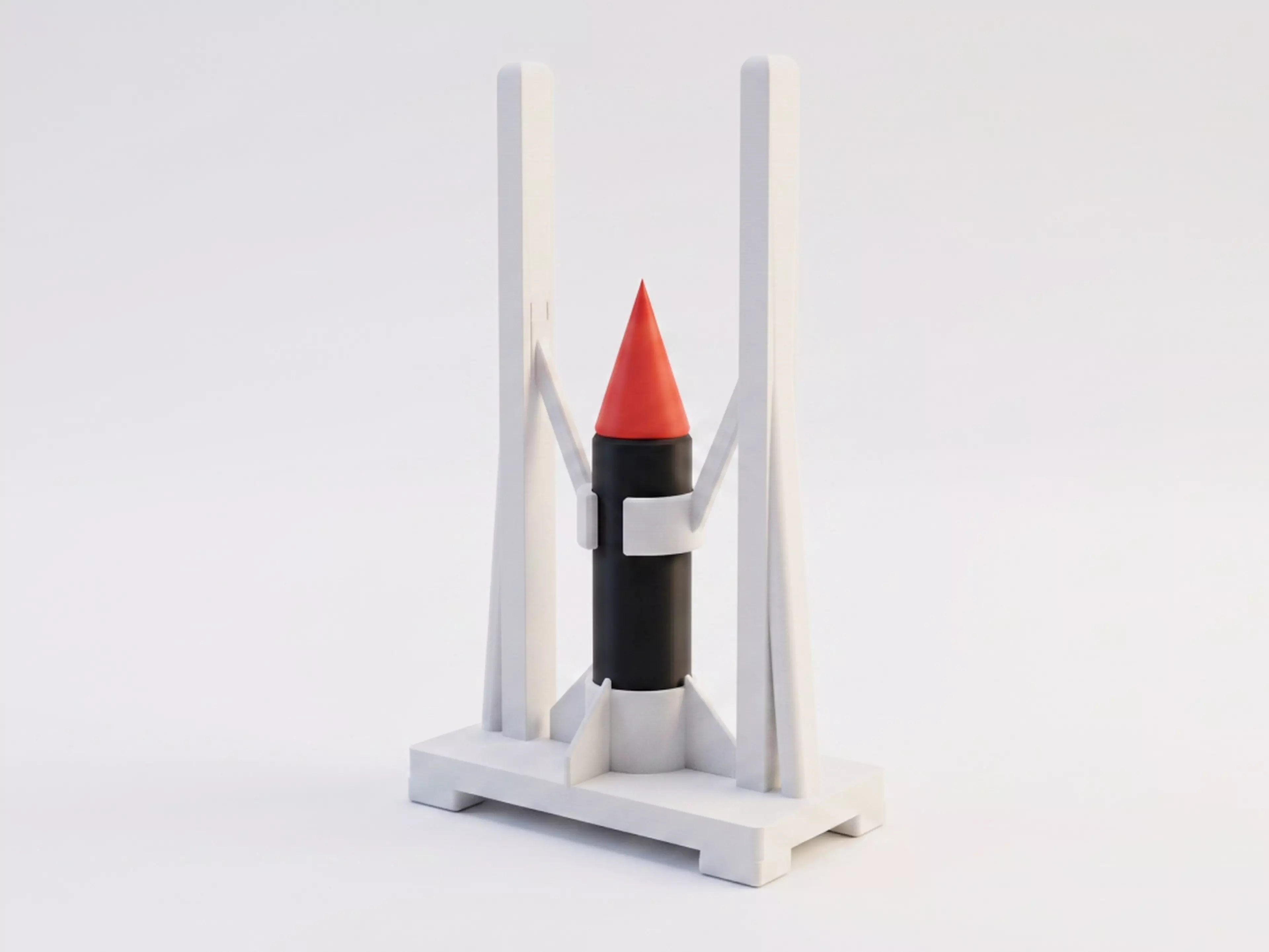 A 180 mm desktop model-rocket-on-launch-tower display: a natural-wood-tone launch tower cradling a removable tan/gray toy rocket, matching the reference photo's craft-model look.