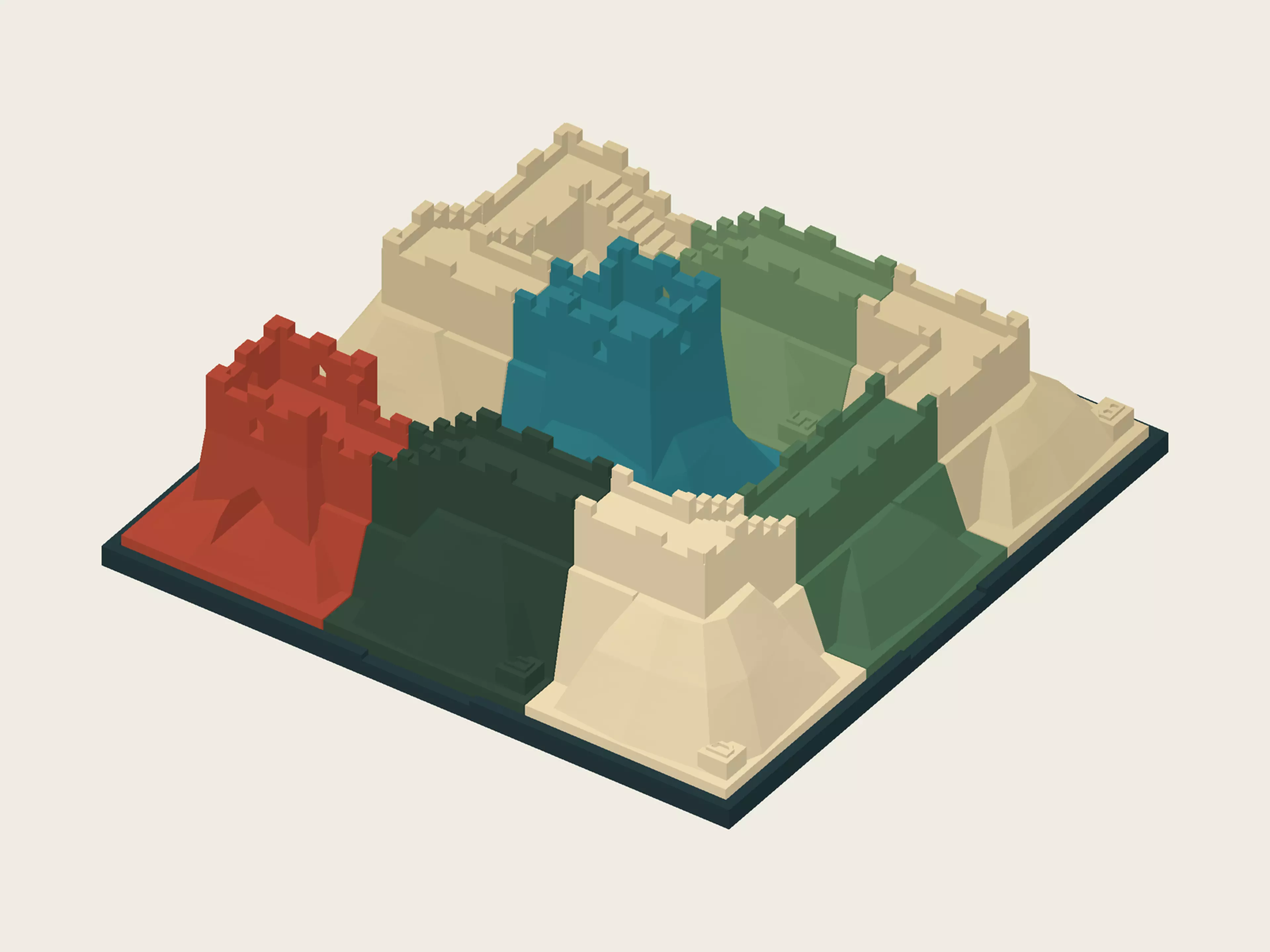 Nine mountain-wall modules. Two watchtowers. One continuous route. Choose one of fourteen challenge setups, place its clues, then lift, quarter-turn and place the remaining pieces. Connect G1 to G2 through all nine modules, matching both direction and height at every seam. Start with the illustrated two-piece tutorial, then explore the full 3 × 3 puzzle. Includes nine modules, one numbered cradle with an engraved 3 × 3 grid and north marker, editable Python, colored STEP files and a 13-page guide. Assembled size: 174 × 182 × 63 mm, including the north tab. Digital prototype; physical fit and play have not been tested. The downloadable STEP preserves the sandstone, moss, brick-red and teal face colors shown in the covers. The current web viewer simplifies each solid to one color.