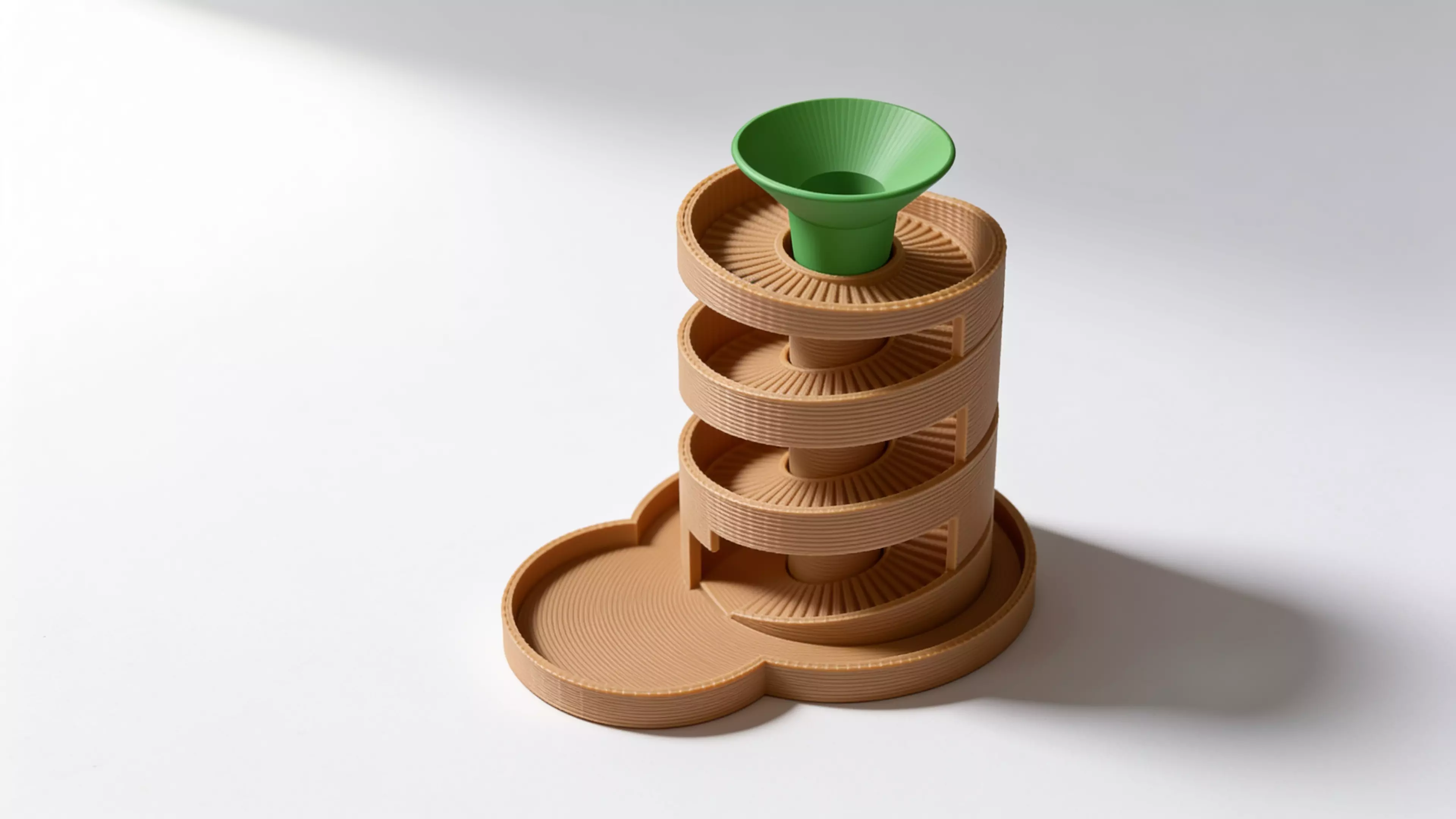 A 210 mm tall helical dice tower: a funnel hopper feeds dice onto a spiral ramp that winds 2.42 turns around a central pillar, contained by overlapping guide walls, exiting through a domed chute near the base onto an integrated landing tab.