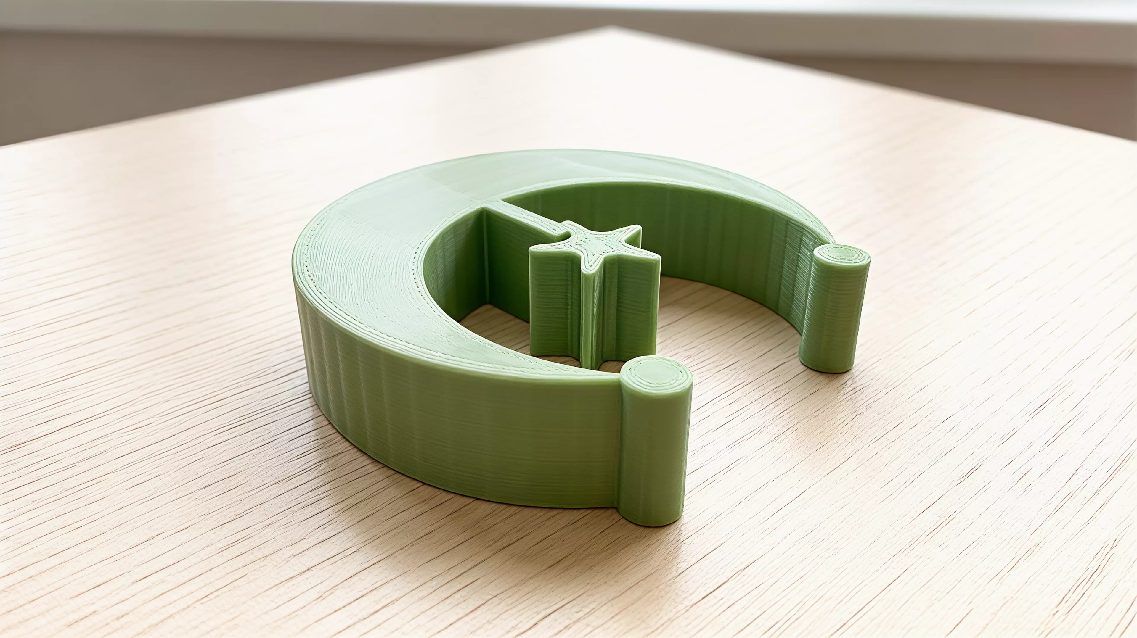 A palm-sized, one-piece crescent moon that rocks on one continuous arc while its joined star appears to climb, crest, and return.
