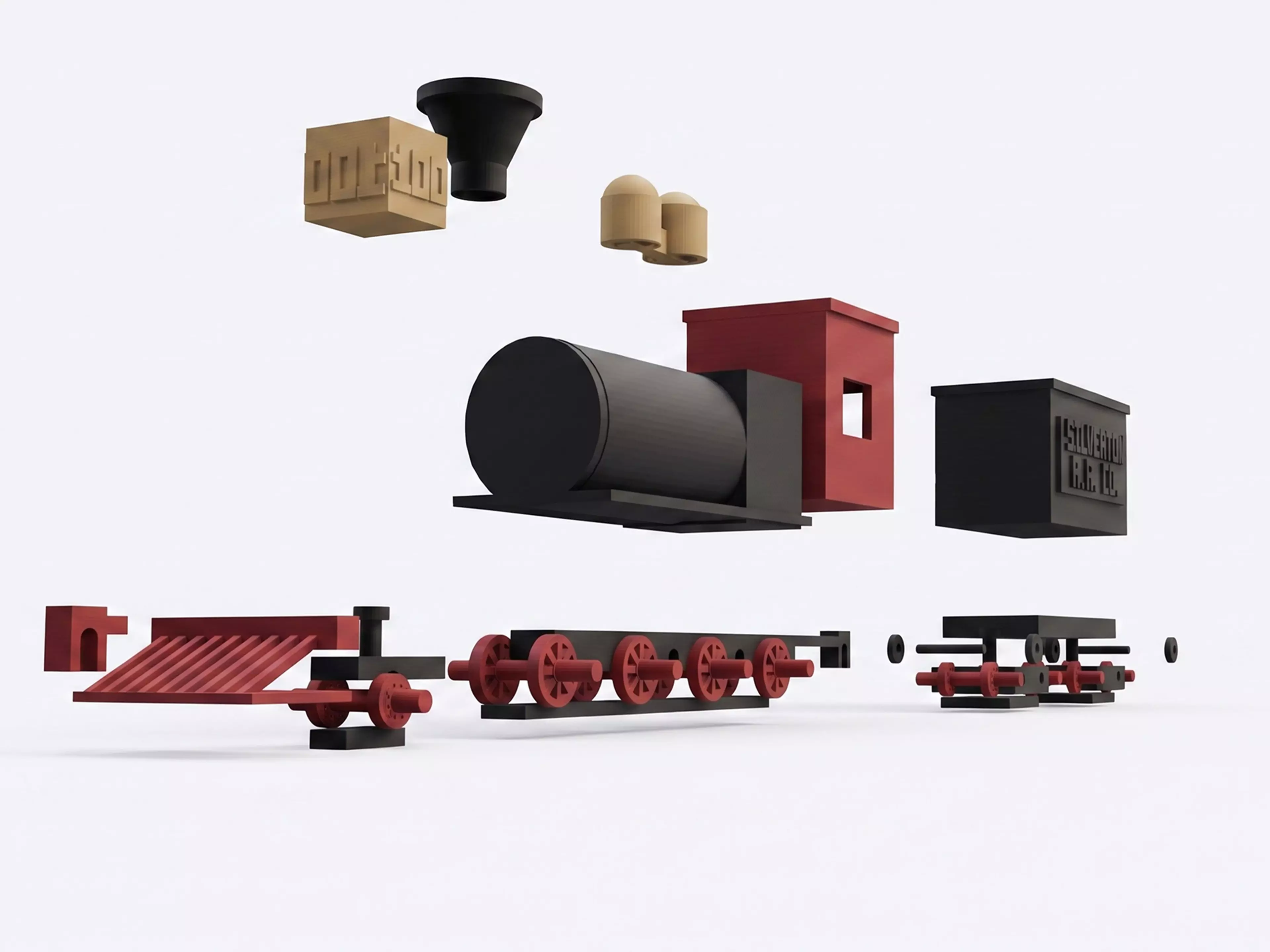 A 1:87 buildable desk model of Silverton Railroad No. 100, with a four-driver 2-8-0 profile, separate rolling wheelsets, a two-truck tender, and a hook-and-bar coupling.
