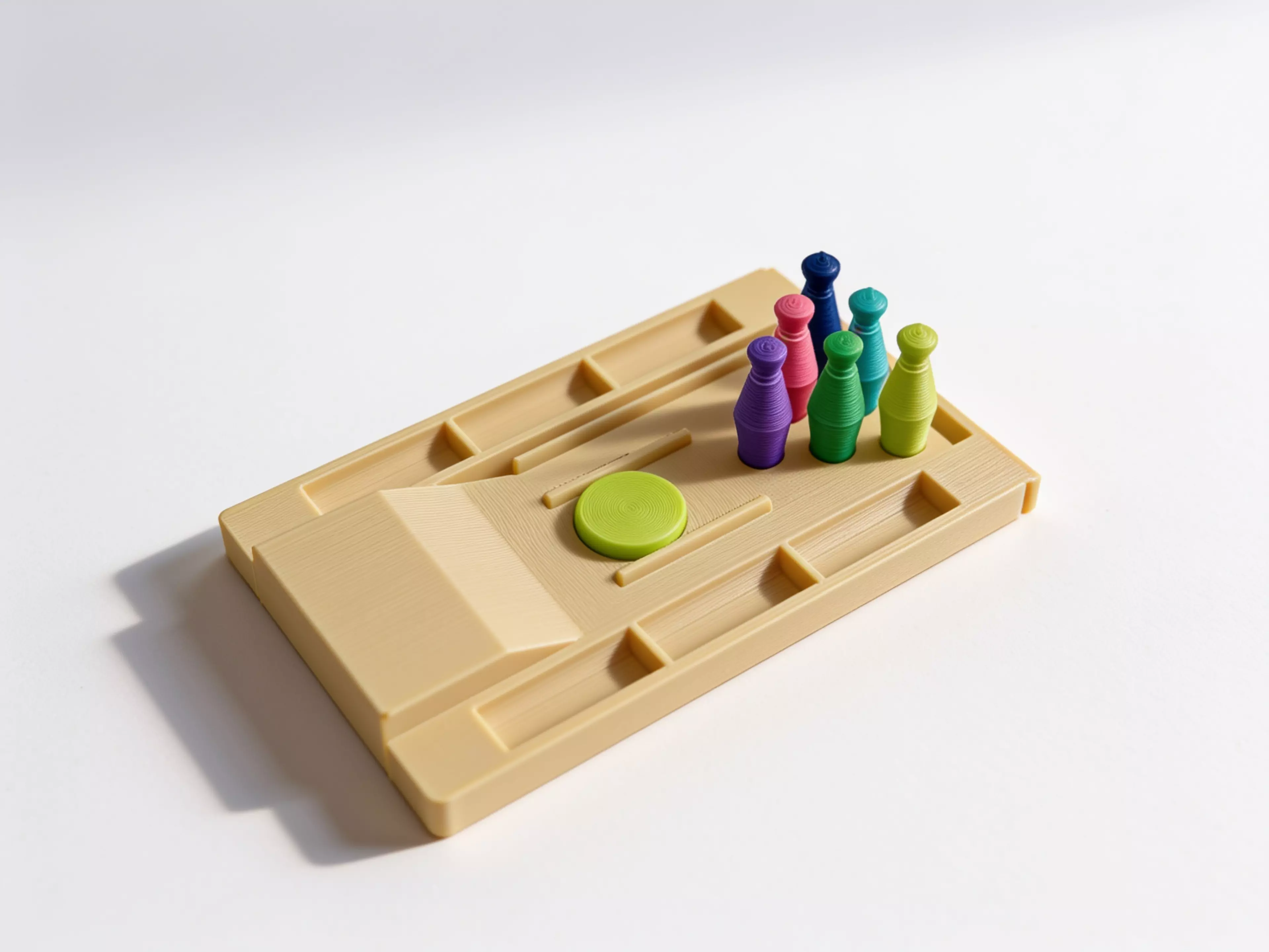 Pocket Bowling Toy: a Lane Tray That Ramps Into a Flick-launch Pad and Doubles A
