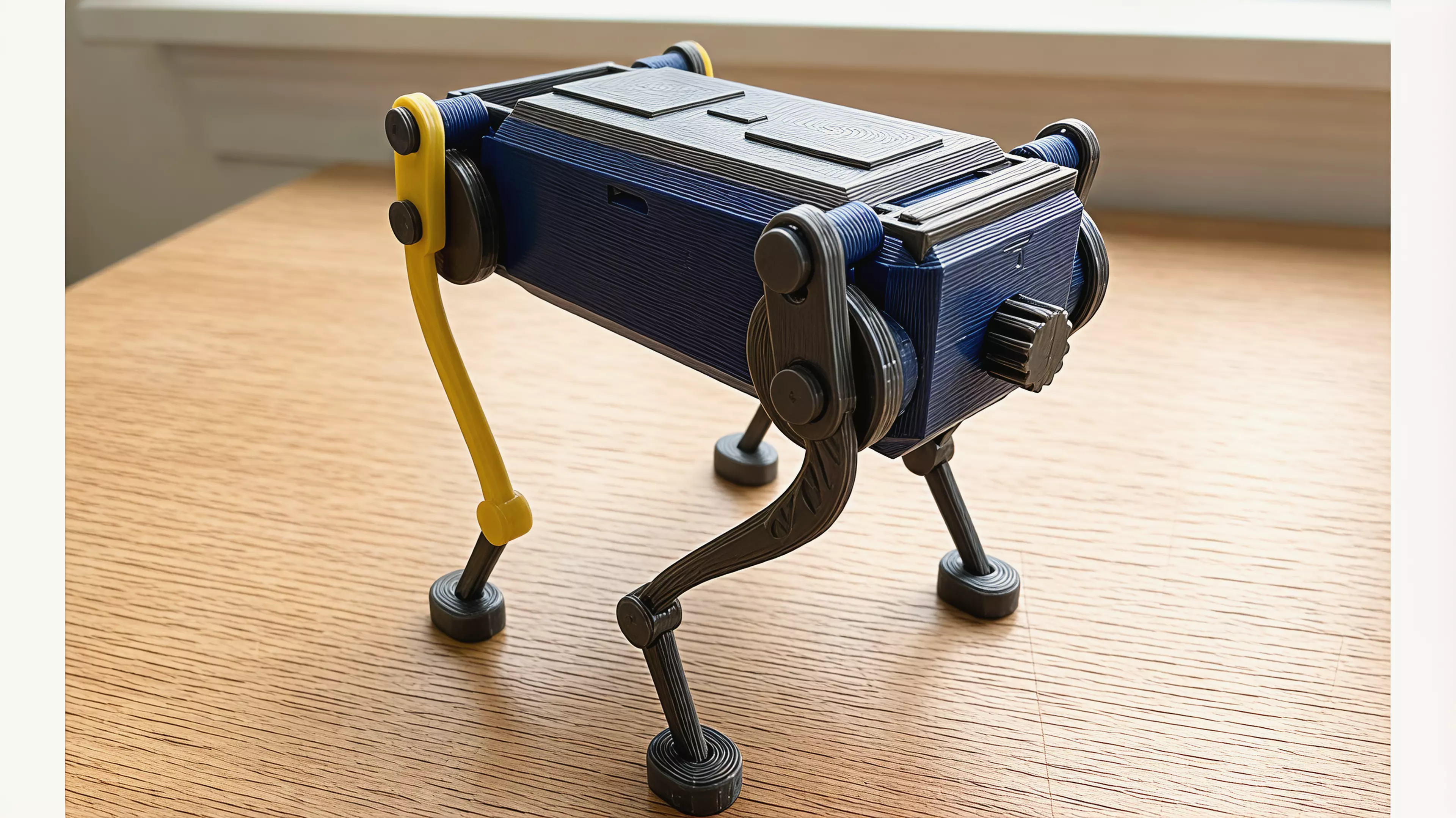 A palm-size wind-up walker. Twist the knob at the back to wind it up, set it down, and it trots forward on four legs with a smooth, life-like gait - no batteries, no motors. The rubber band inside drives two crankshafts that swing the legs in turn, so it keeps its balance step after step. Every part is 3D printed.