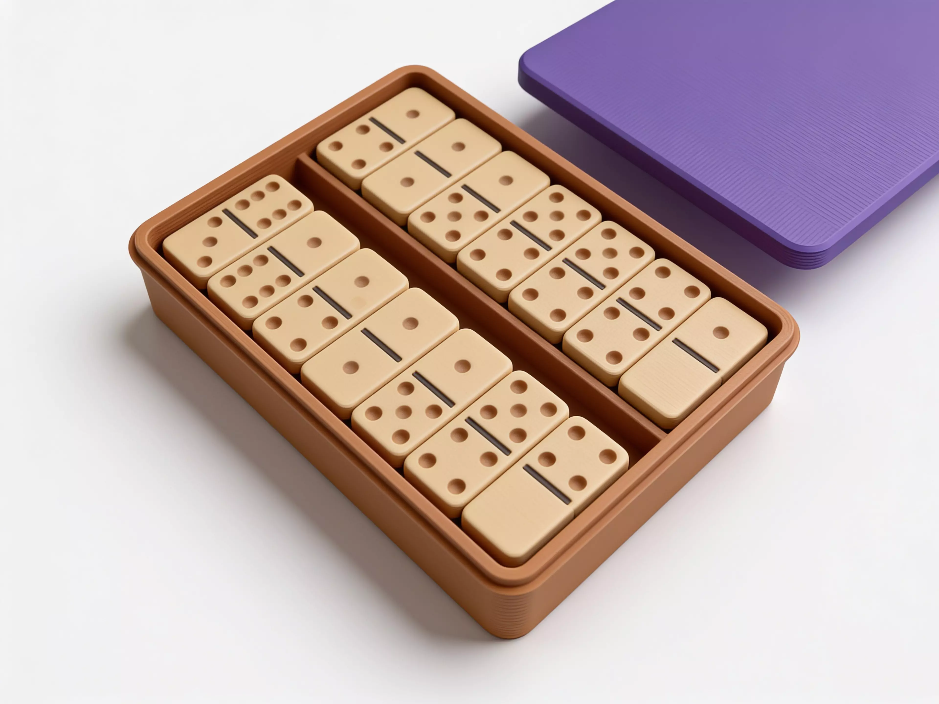 A complete Double-6 domino set — 28 tiles (48 x 24 x 8 mm) with raised embossed pips — stored in a fitted two-row tray with a slip-fit lid.