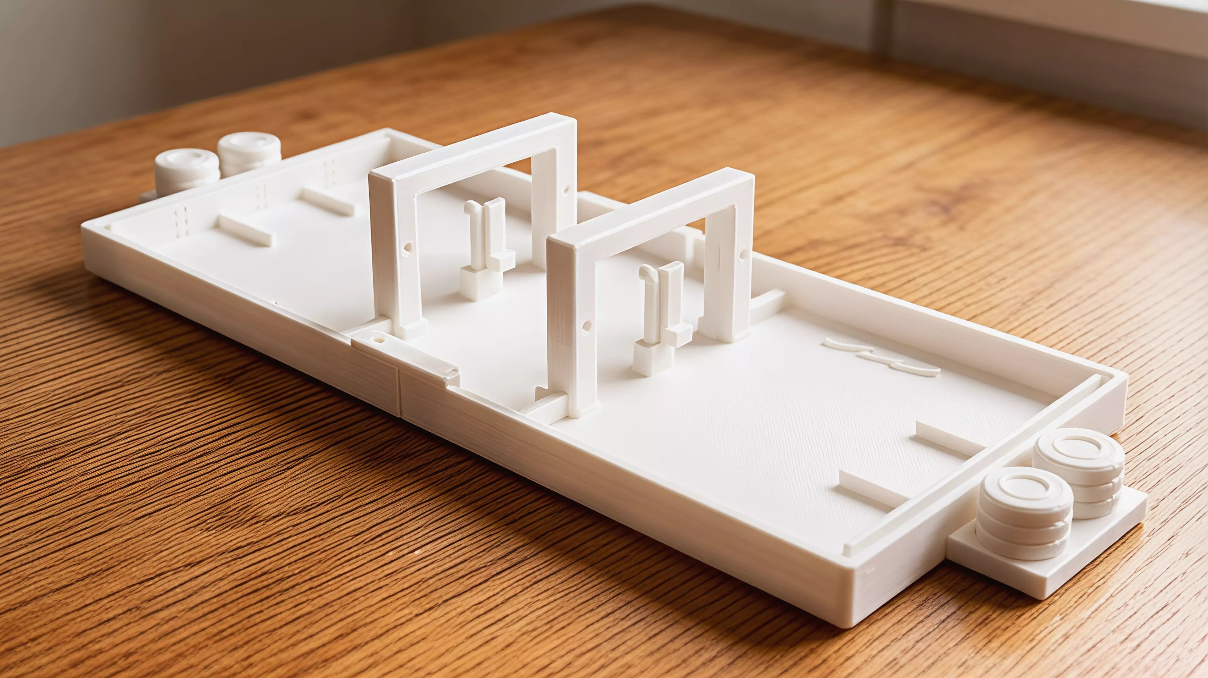 A portable, all-printed tabletop dexterity game for one or two players: pulse two gravity gates, flick a comet through both portals, and bank into pip-marked vaults across six shots.
