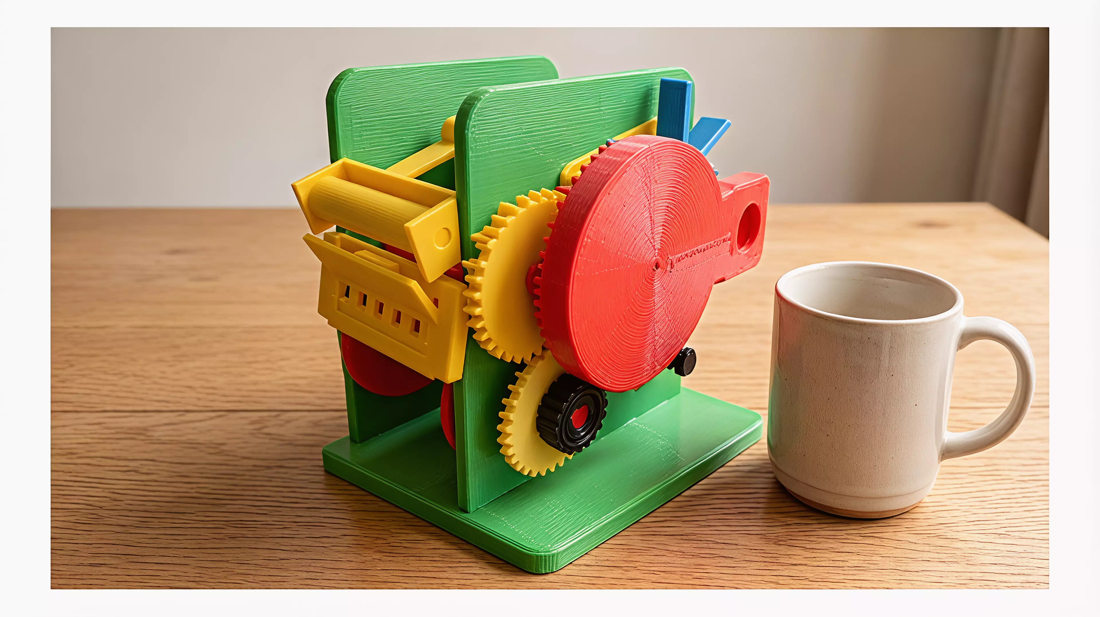 A small, honest transport mechanism made legible. The right-hand side of the machine is a bare gear plate — you crank it, and you watch a six-slot Geneva cross snap the capstan through exactly one sixth of a turn while a ratchet clicks and a six-blade air paddle whirrs up to speed and holds you back. On the left of the plate, hidden behind it, a 57 mm paper strip walks 12 mm and one new line of news appears in a slot on the front. It is a newspaper you can only read forwards, one line at a time,