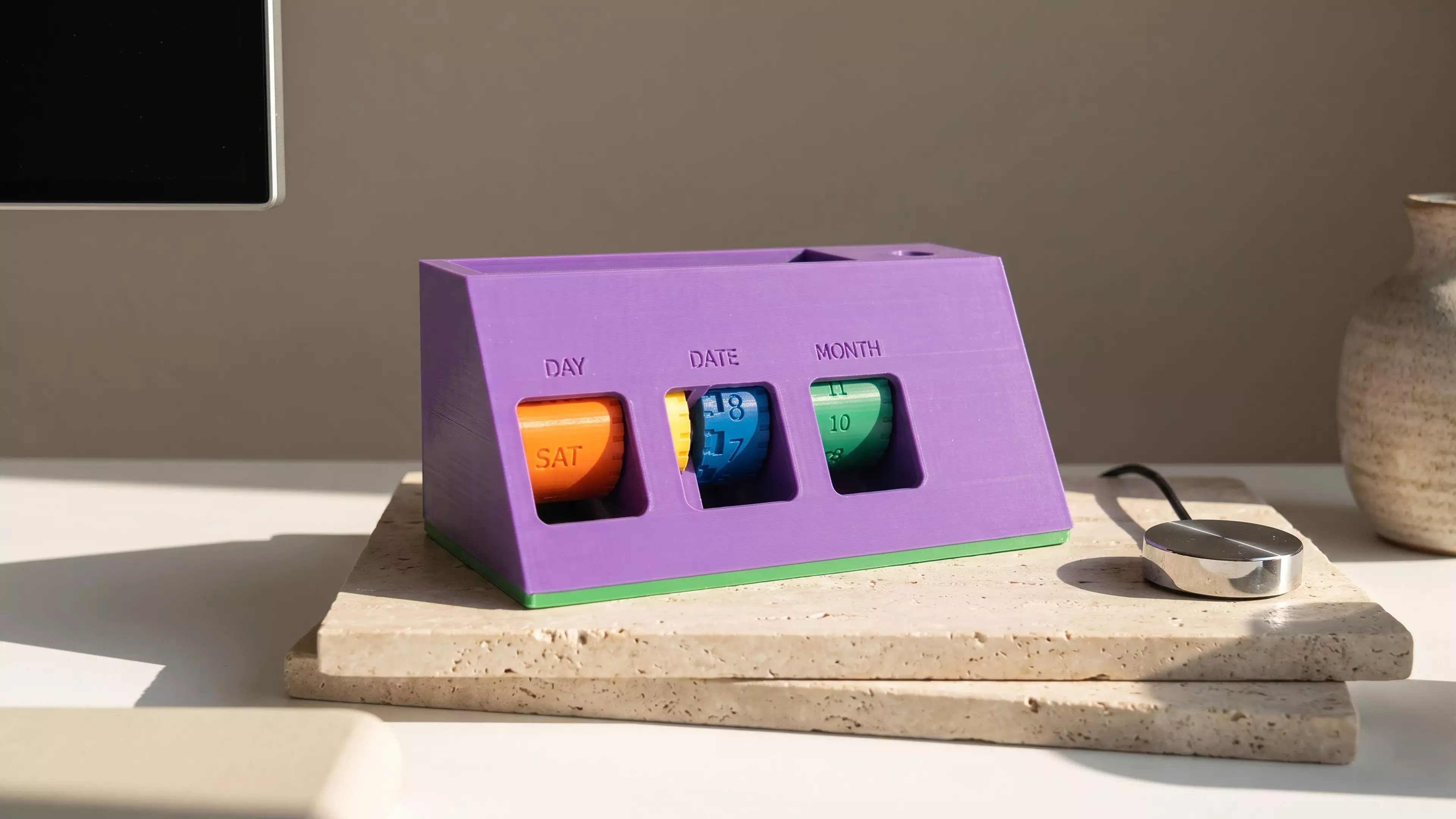 A mechanical desk organizer/perpetual calendar: a matte-white wedge-shaped body with three independently spinning charcoal drums (weekday / day / month, viewed through front windows), a teal accent dial ring on the right end, a rear pen slot, and an open storage tray — no electronics.