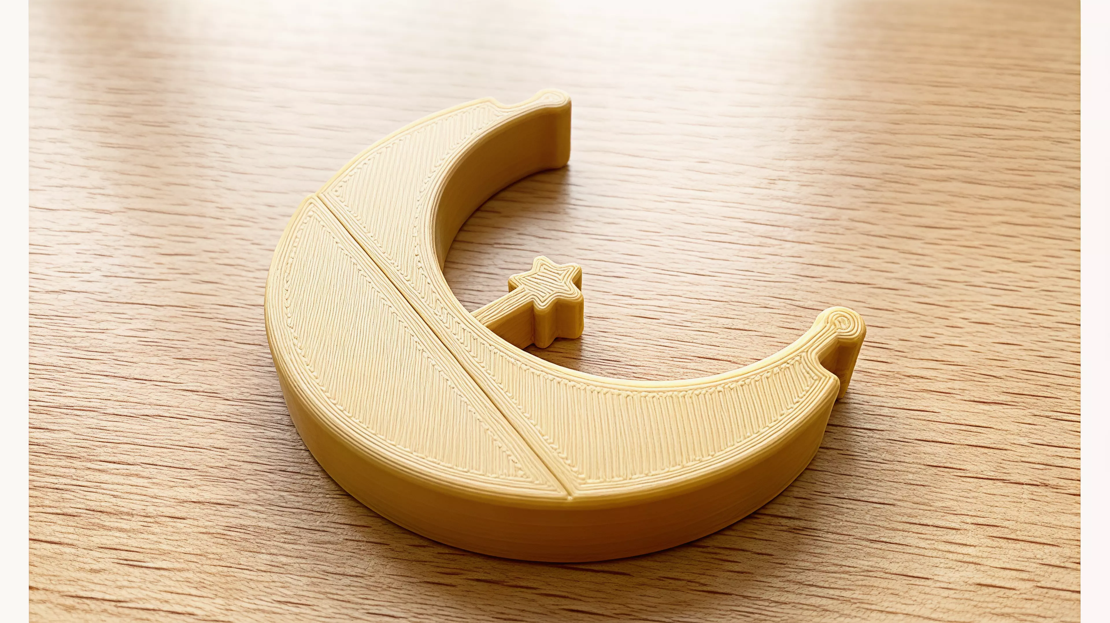 Cradle Crescent is a palm-sized, one-piece crescent desk rocker with two choose-either horn tap pockets and an integral centered star; it is designed for a gentle lateral tap and a point-up rest cue.