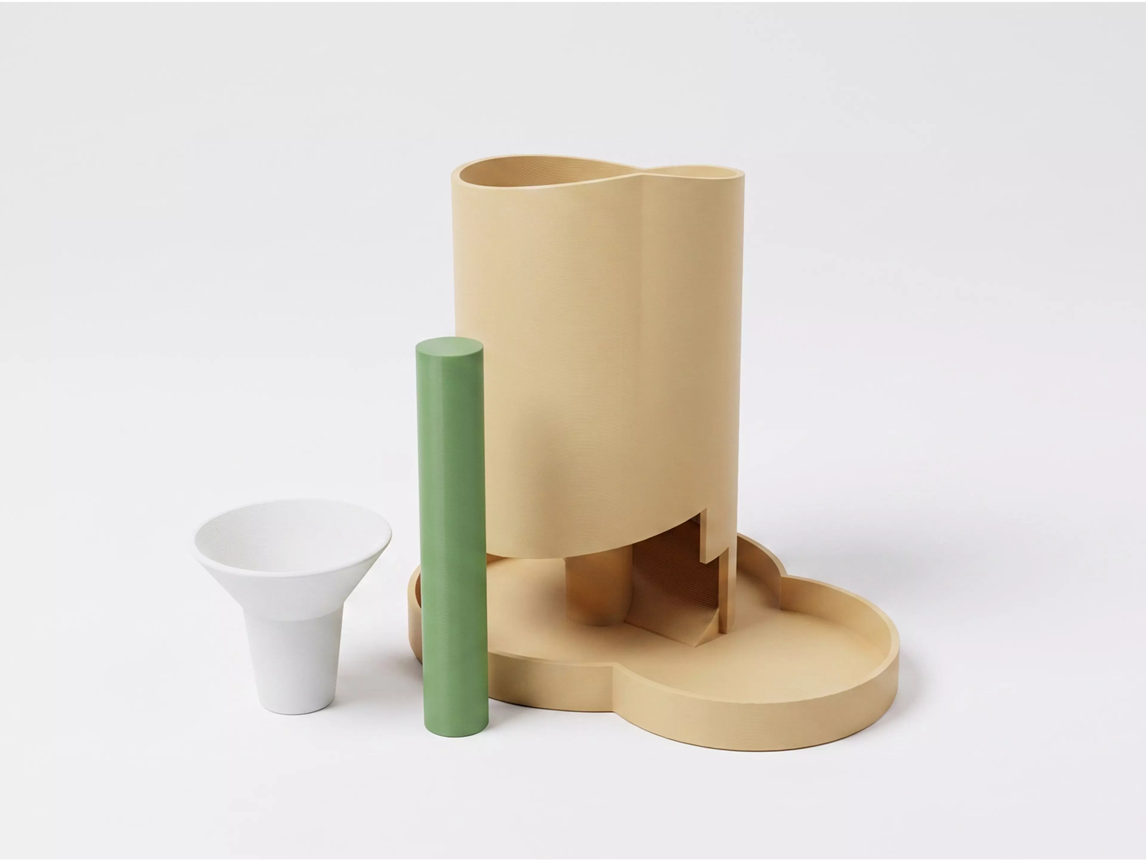 A 210 mm tall helical dice tower: a funnel hopper feeds dice onto a spiral ramp that winds 2.42 turns around a central pillar, contained by overlapping guide walls, exiting through a domed chute near the base onto an integrated landing tab.