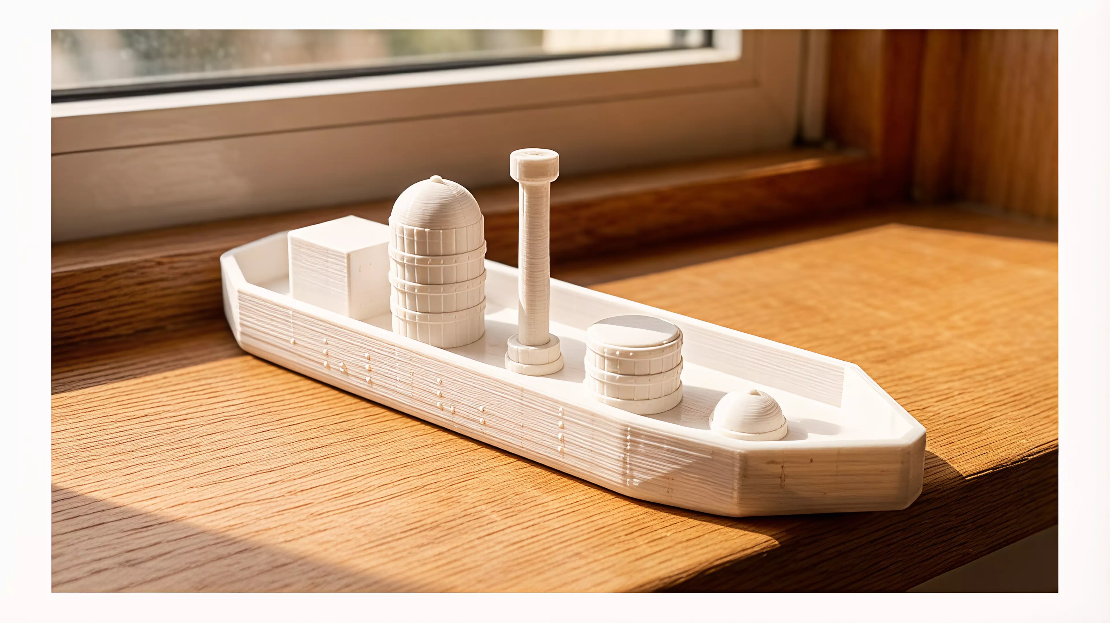 A 6-part toy cargo barge: one hull plus five separate deck-cargo pieces (crate, tall tank/silo, mast, drum, dome hatch) that peg into locating bosses on the deck, in a rugged industrial-workboat style (rivets, ribbed banding, hard chamfered hull corners).