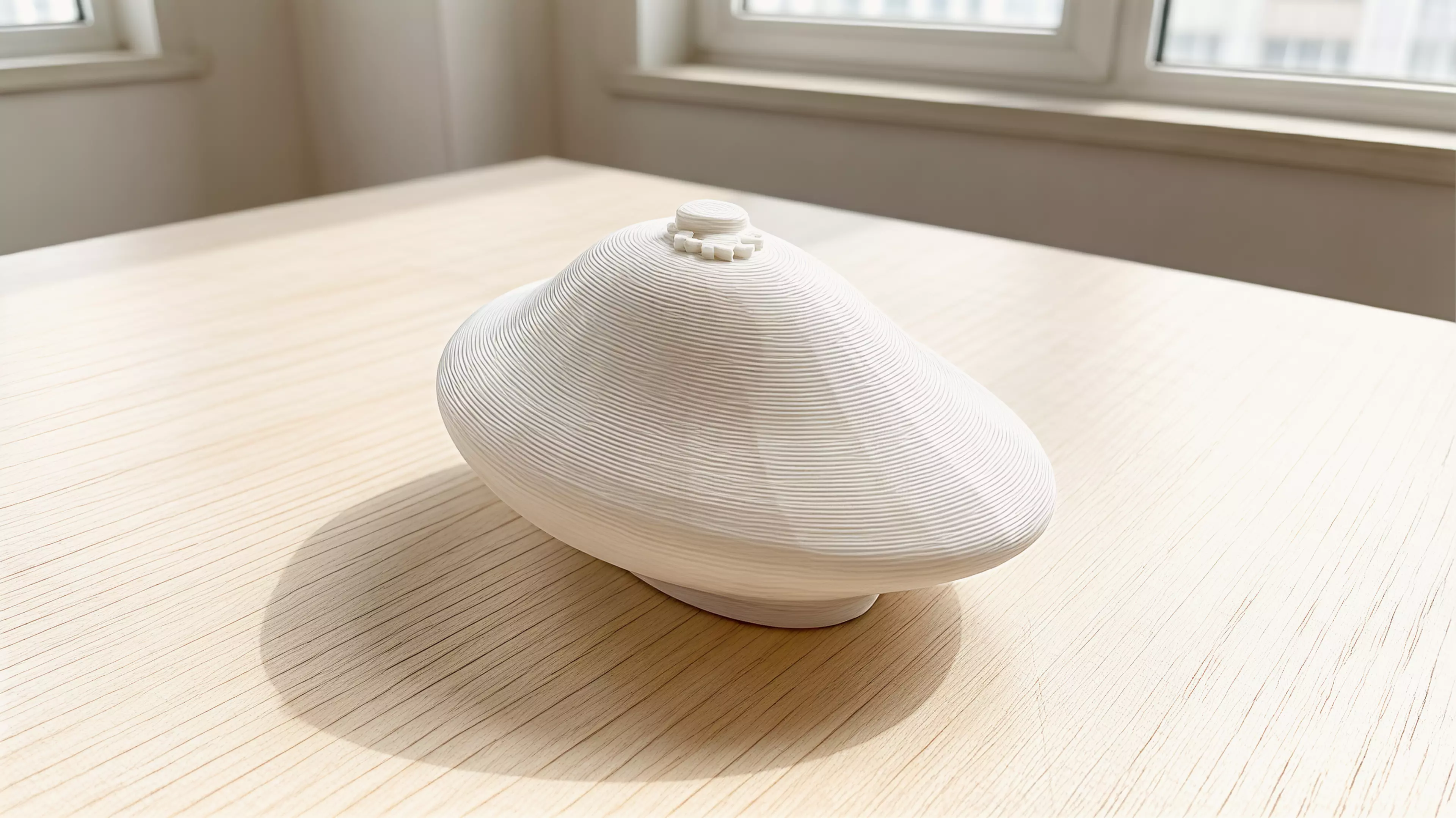 A palm-size one-piece desk wobbler designed for a sideways flick or gentle roll, with a raised smiling-star home cue.