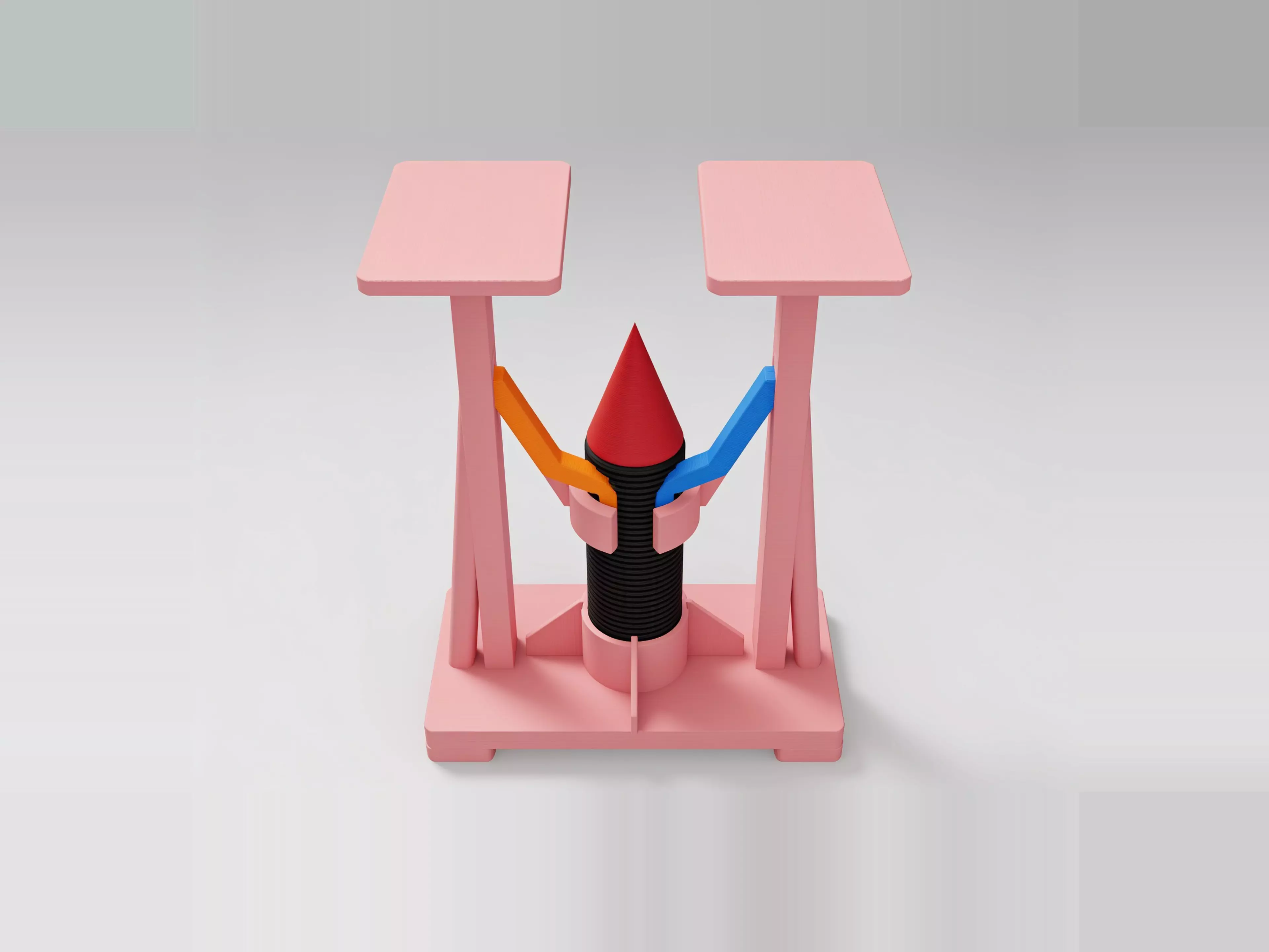 A 180 mm desktop model-rocket-on-launch-tower display: a natural-wood-tone launch tower cradling a removable tan/gray toy rocket, matching the reference photo's craft-model look.