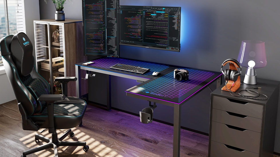 EUREKA ERGONOMIC 60 L Shape Glass Gaming Desk: Music Sync RGB