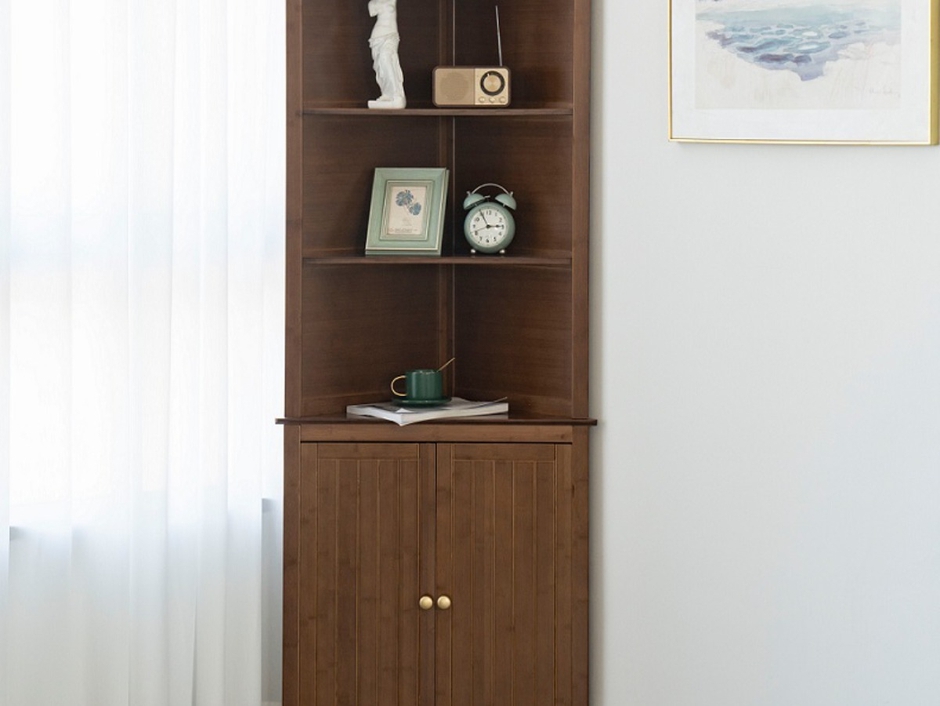 Maydear 5 tier Corner Display Shelf with Doors: Bamboo bookshelf