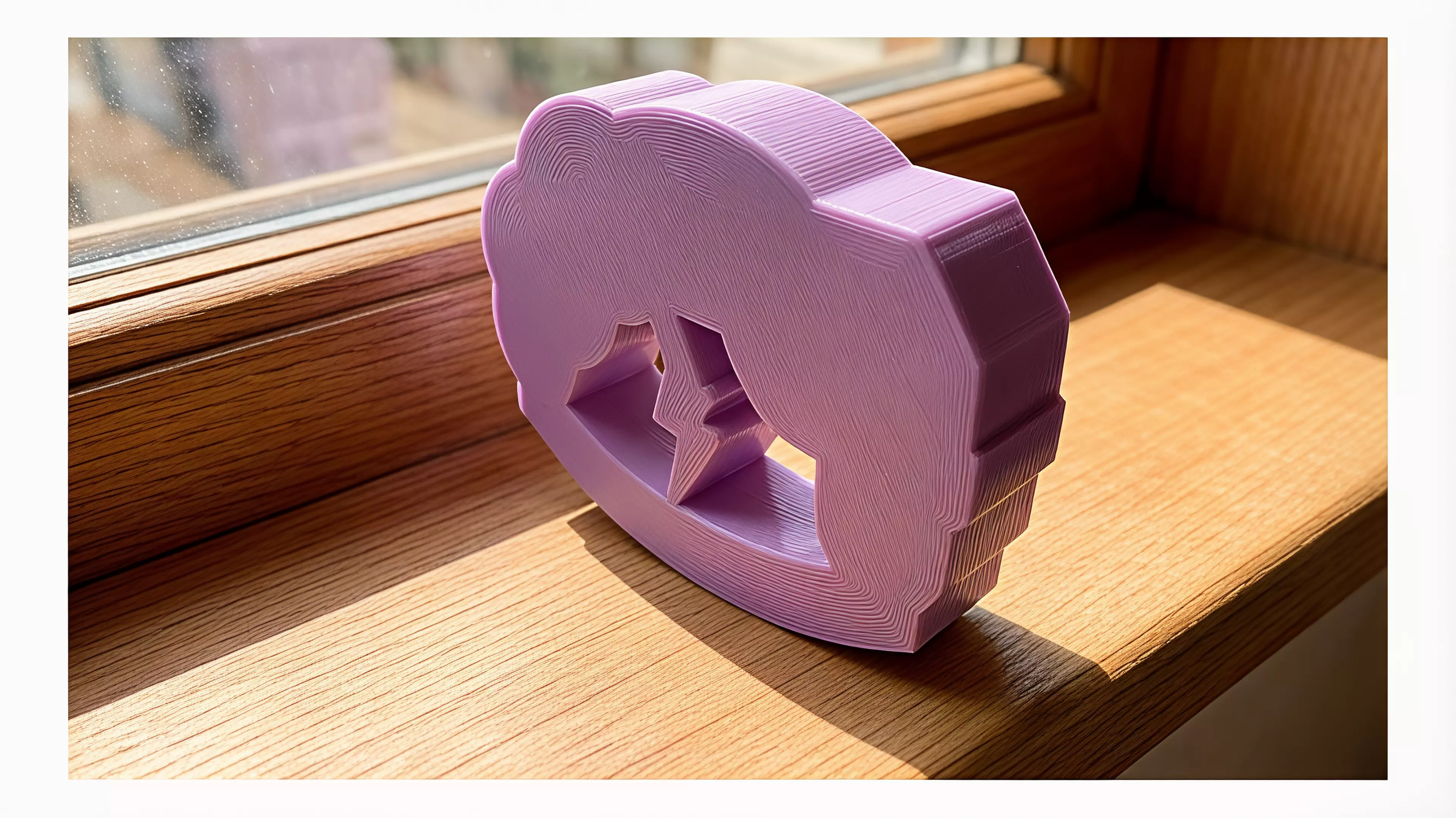 A palm-sized, one-piece storm-cloud desk rocker whose connected lightning bolt sweeps through the open arch as the whole body rocks and returns toward center.