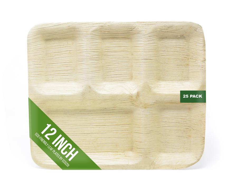 Ecozoi Disposable Palm Leaf Plates 12" Rectangle 25 Pack: 5 Compartment