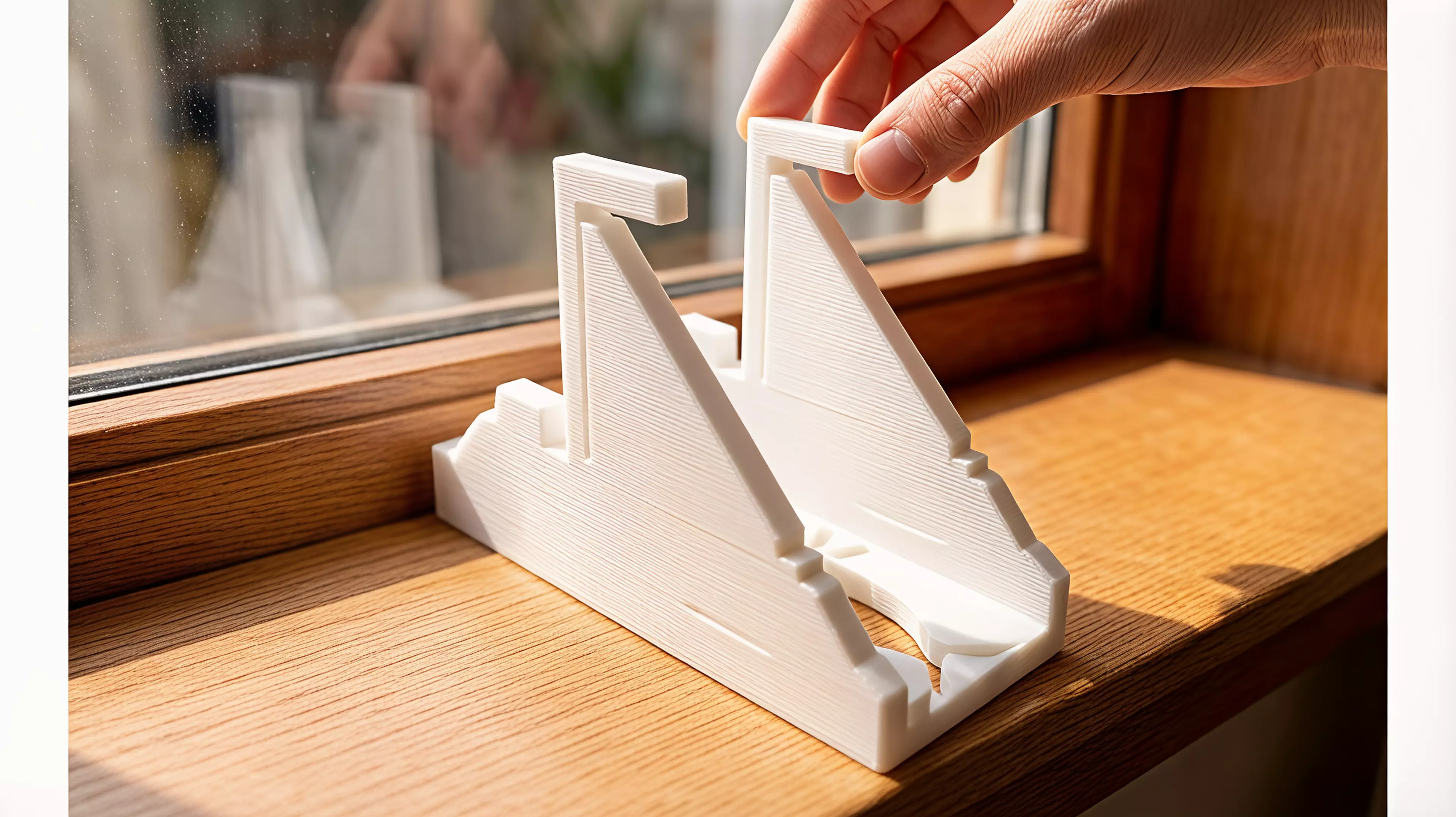 A one-piece desk sculpture whose sailing-ship silhouette becomes a breaching-whale and crescent-moon aperture after one exact quarter-turn.