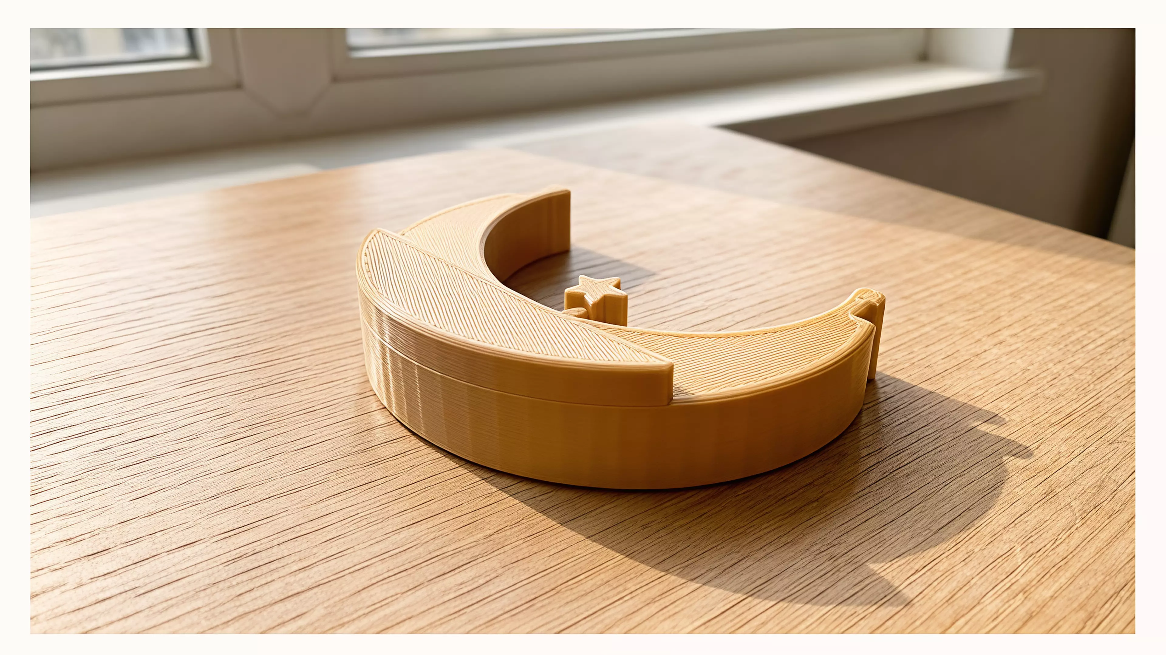 Cradle Crescent is a palm-sized, one-piece crescent desk rocker with two choose-either horn tap pockets and an integral centered star; it is designed for a gentle lateral tap and a point-up rest cue.