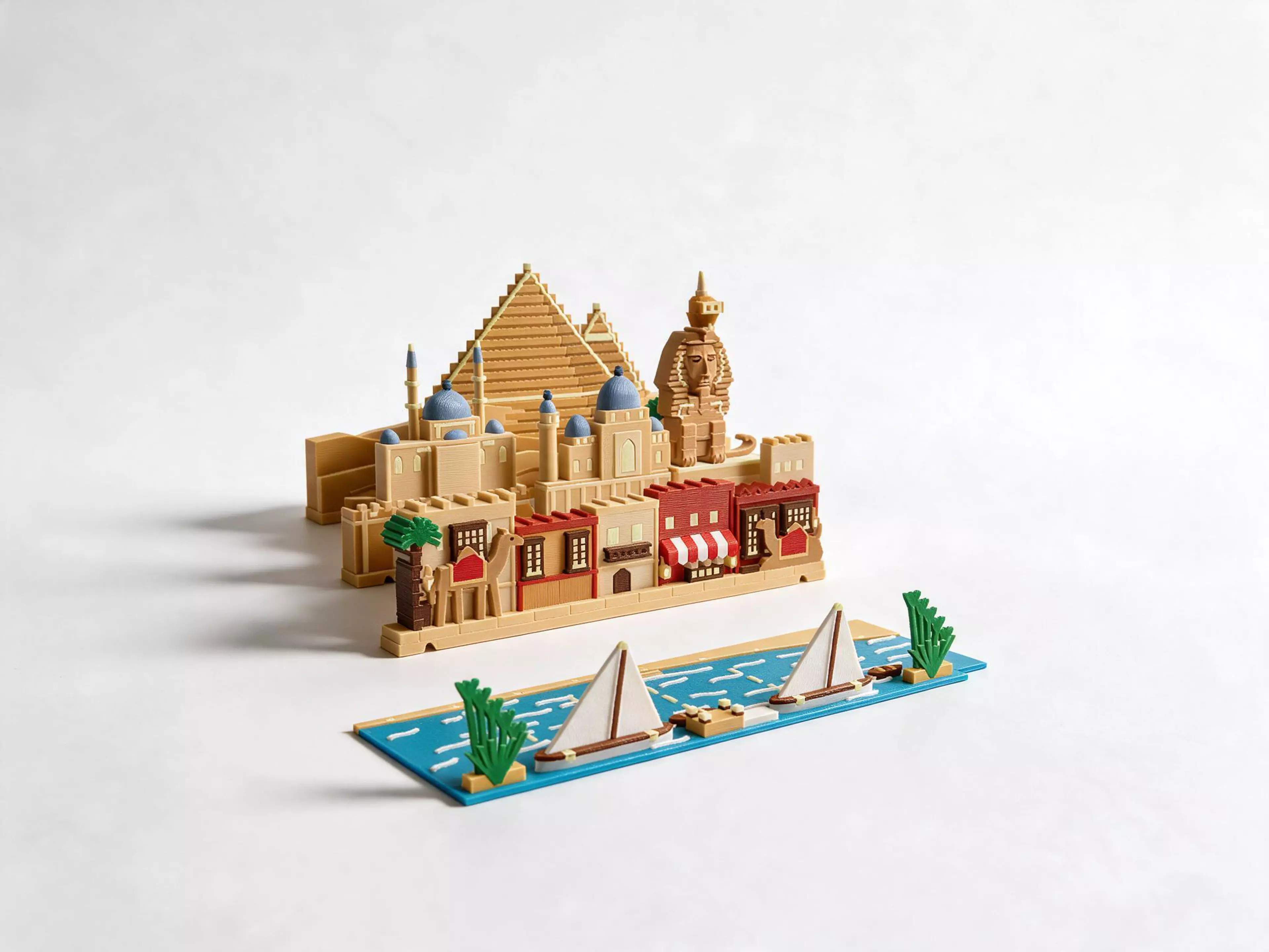 A Cairo set for the Moonlit Atlas pop-up book: three rows of miniature buildings and a Nile river plate that click onto the book's row frames with magnets. In this set: the stepped pyramids of Giza rising over the desert dunes, the Great Sphinx, the lattice Cairo Tower, the Muhammad Ali Mosque with its grey-blue domes and two pencil minarets, a second domed mosque, old Cairo houses with carved wooden balconies, a striped market awning with lanterns, two camels under the palms, and the Nile with two white-sailed feluccas, rowboats at a stone dock and papyrus reeds. Windows and stars glow in the dark, with no batteries. It needs the Moonlit Atlas book, which is sold separately, and it swaps with any other city set in seconds.