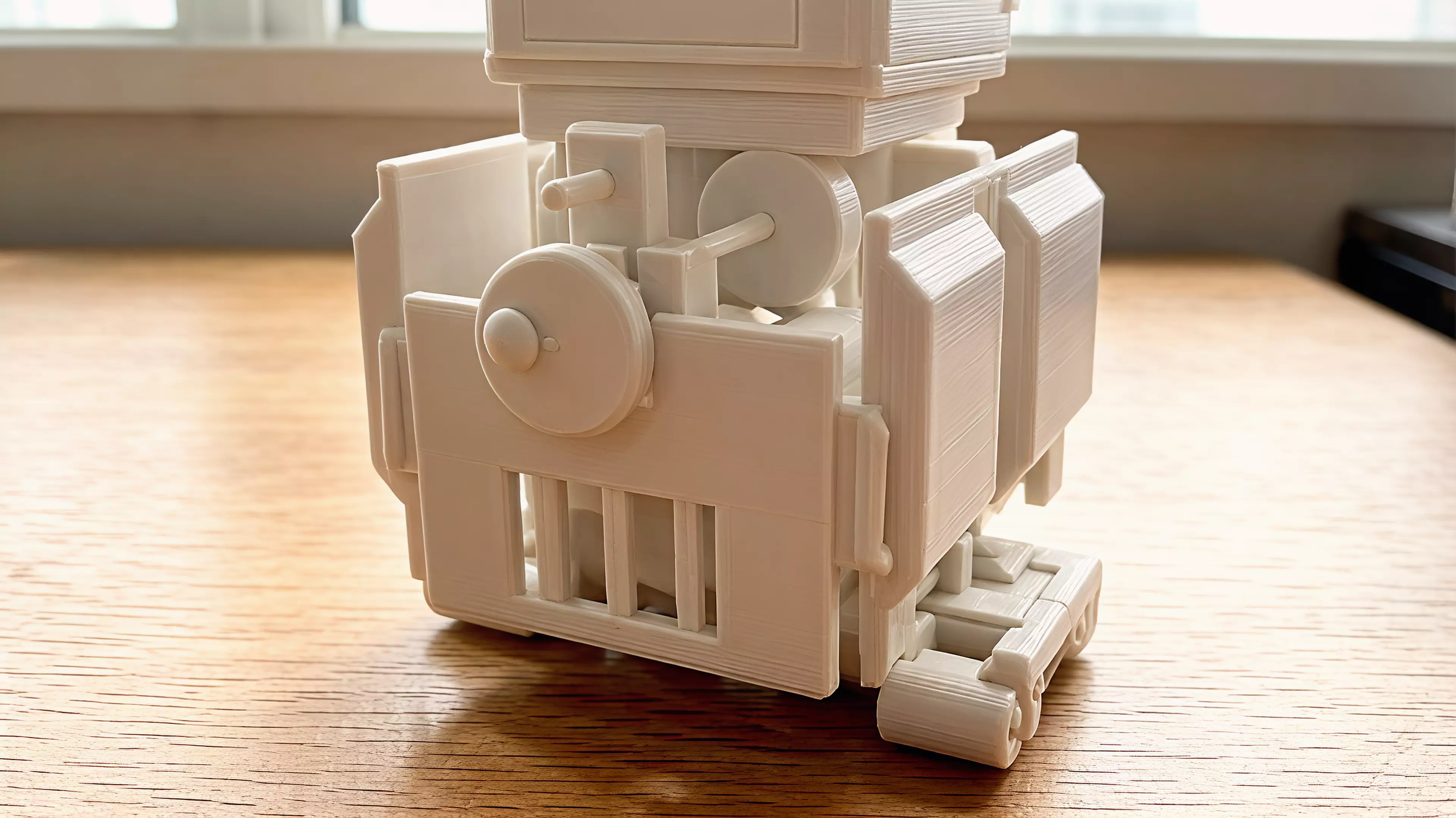 An original palm-size all-printed duck-like desk automaton designed around a visible ring crank, eccentric cam, paired-hip waddle, opening clip beak, rocking belly, keyed eyes, and removable captive-roller skates.