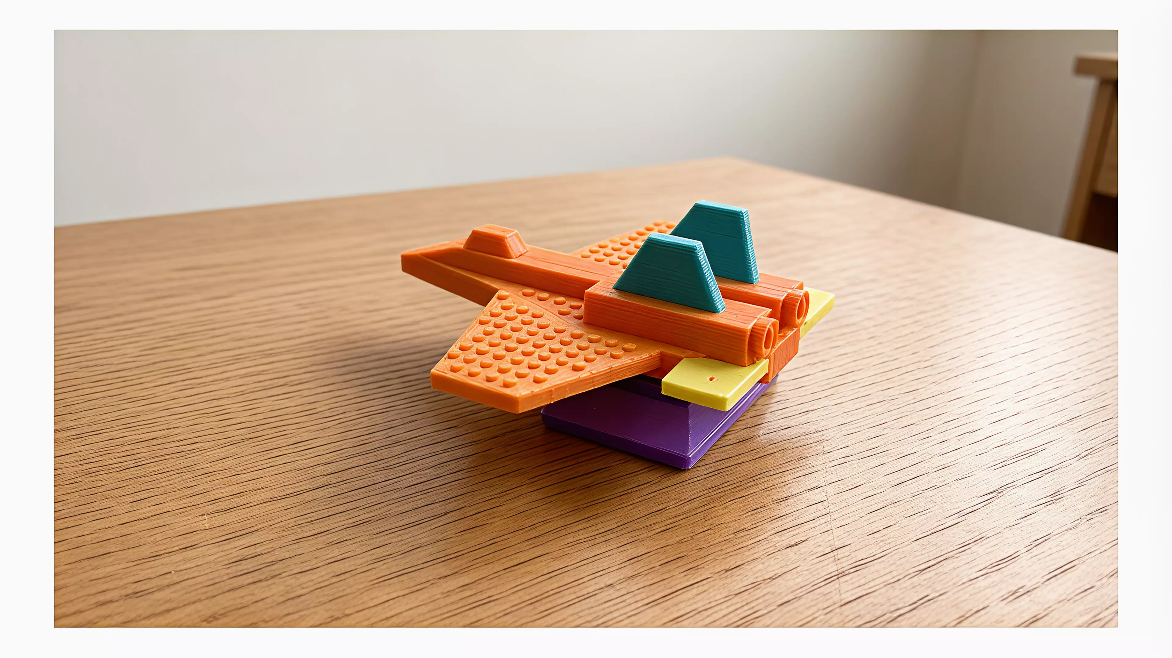 A single-piece, stylized F-14 Tomcat brick-jet (set-c aggressive wedges) with a LEGO-standard stud grid on its upper surfaces so real System bricks/plates clutch on; flat belly for desk display. Printed belly-down, PLA, supports on.
