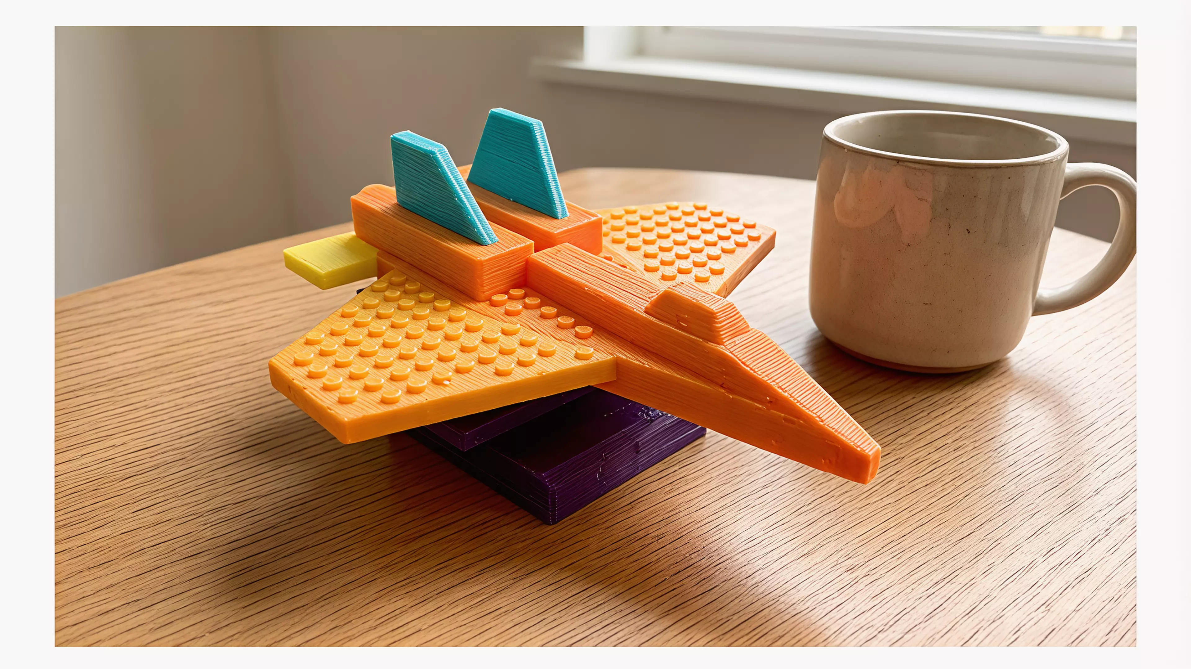 A single-piece, stylized F-14 Tomcat brick-jet (set-c aggressive wedges) with a LEGO-standard stud grid on its upper surfaces so real System bricks/plates clutch on; flat belly for desk display. Printed belly-down, PLA, supports on.