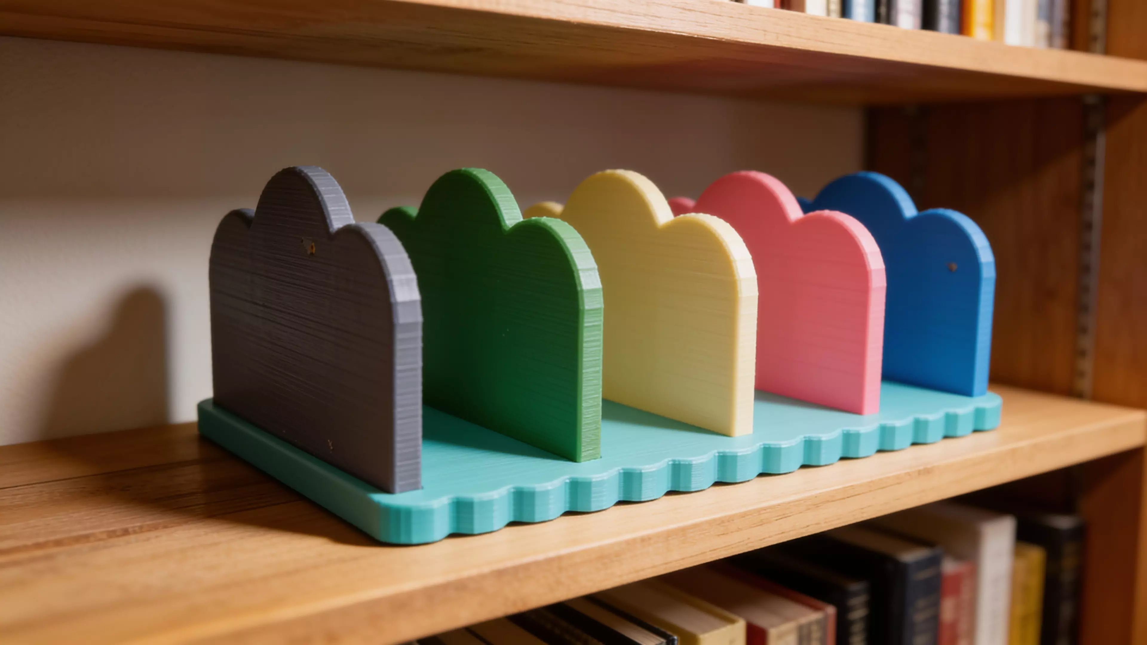 A pastel "cloud" bookshelf rack that holds 4 DGX Spark nodes upright on edge in side-by-side slots, with cloud-silhouette dividers, a scalloped base, and a rear cable-comb rail; 2 unique printed parts (base + 5 identical dividers), assembled overall 246 × 212 × 102 mm.