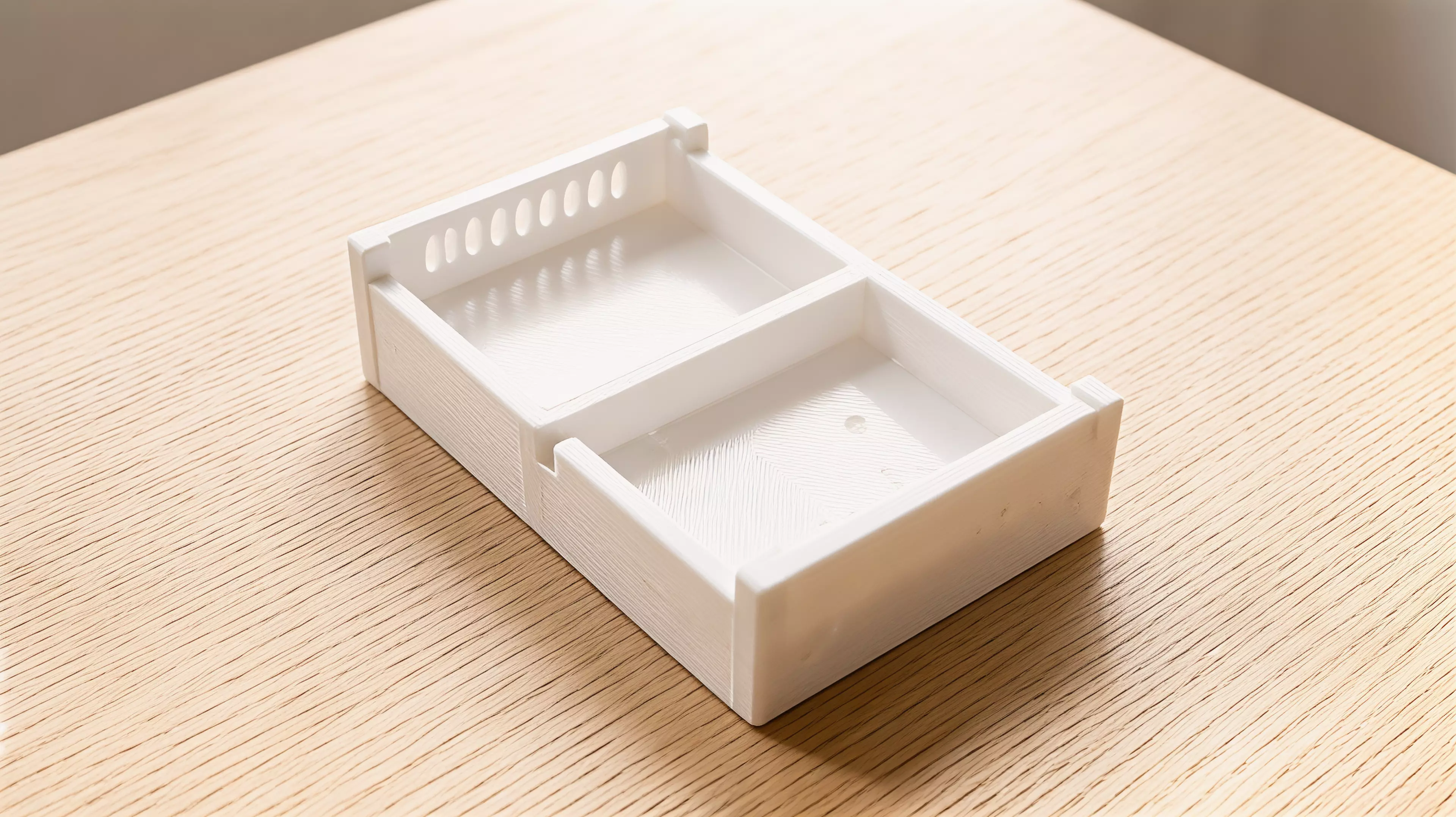 A modular rack tier for two NVIDIA DGX Spark nodes side-by-side, built as left + right halves tied by a slide-in dovetail plate, with male dovetail rails on top and female slots underneath so identical tiers slide-stack from the rear and lock with rear thumb-screw stop keys — in the chosen soft…