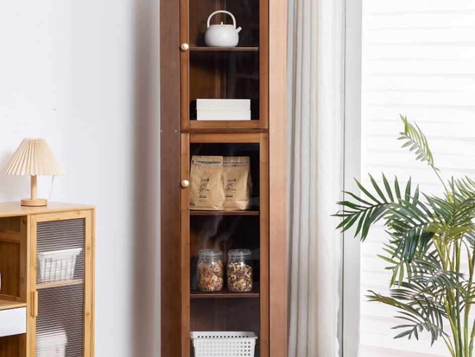 Maydear Corner Display Shelf with Doors: Bamboo Bookshelf
