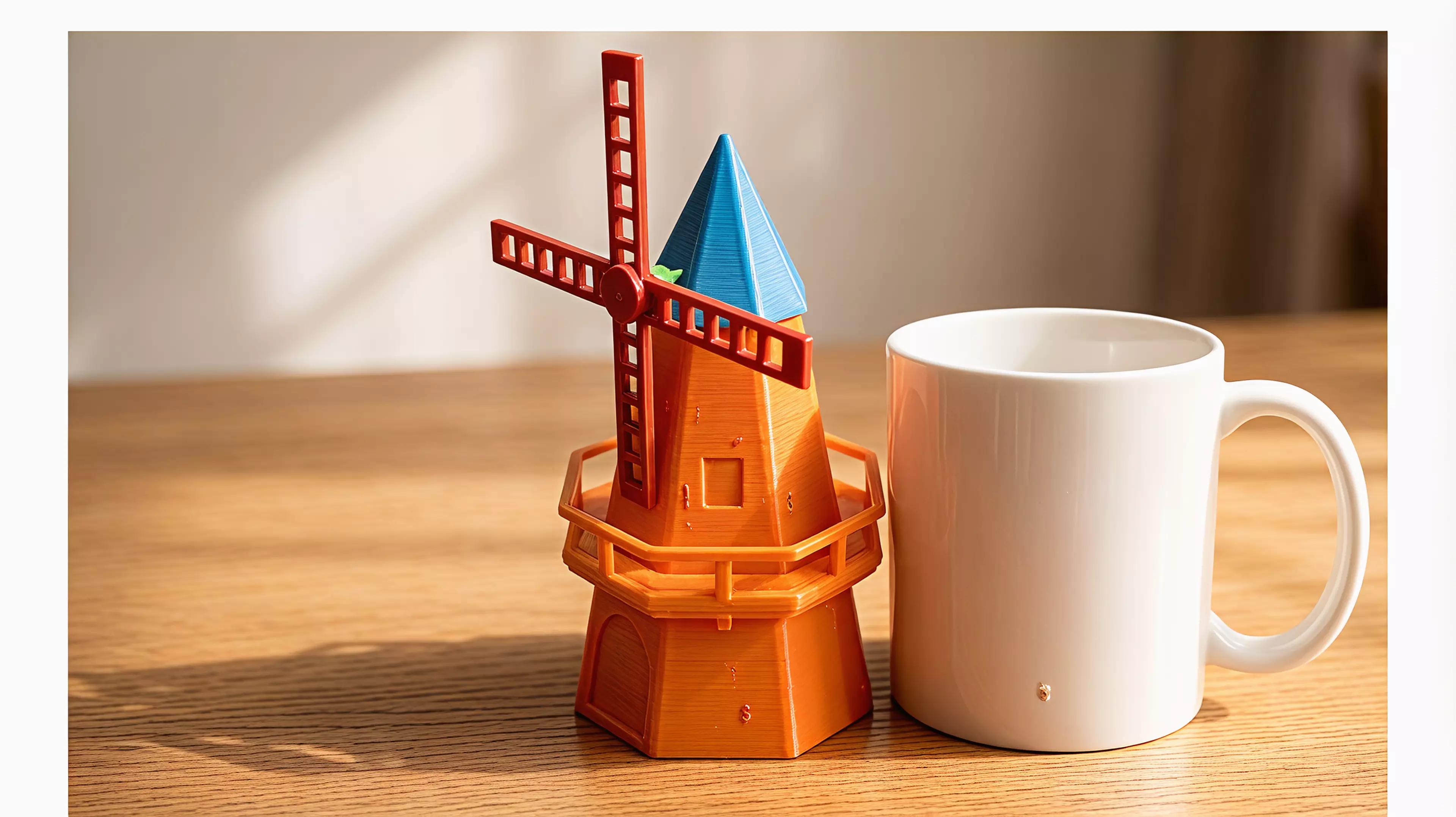 A ~250mm-tall desk windmill tea light holder in a minimal, crisp-edged style: a hollow tapered octagonal tower with an arched candle-access opening, a railed balcony, a conical cap, and a 4-blade lattice sail rotor that spins freely on a brass pin.
