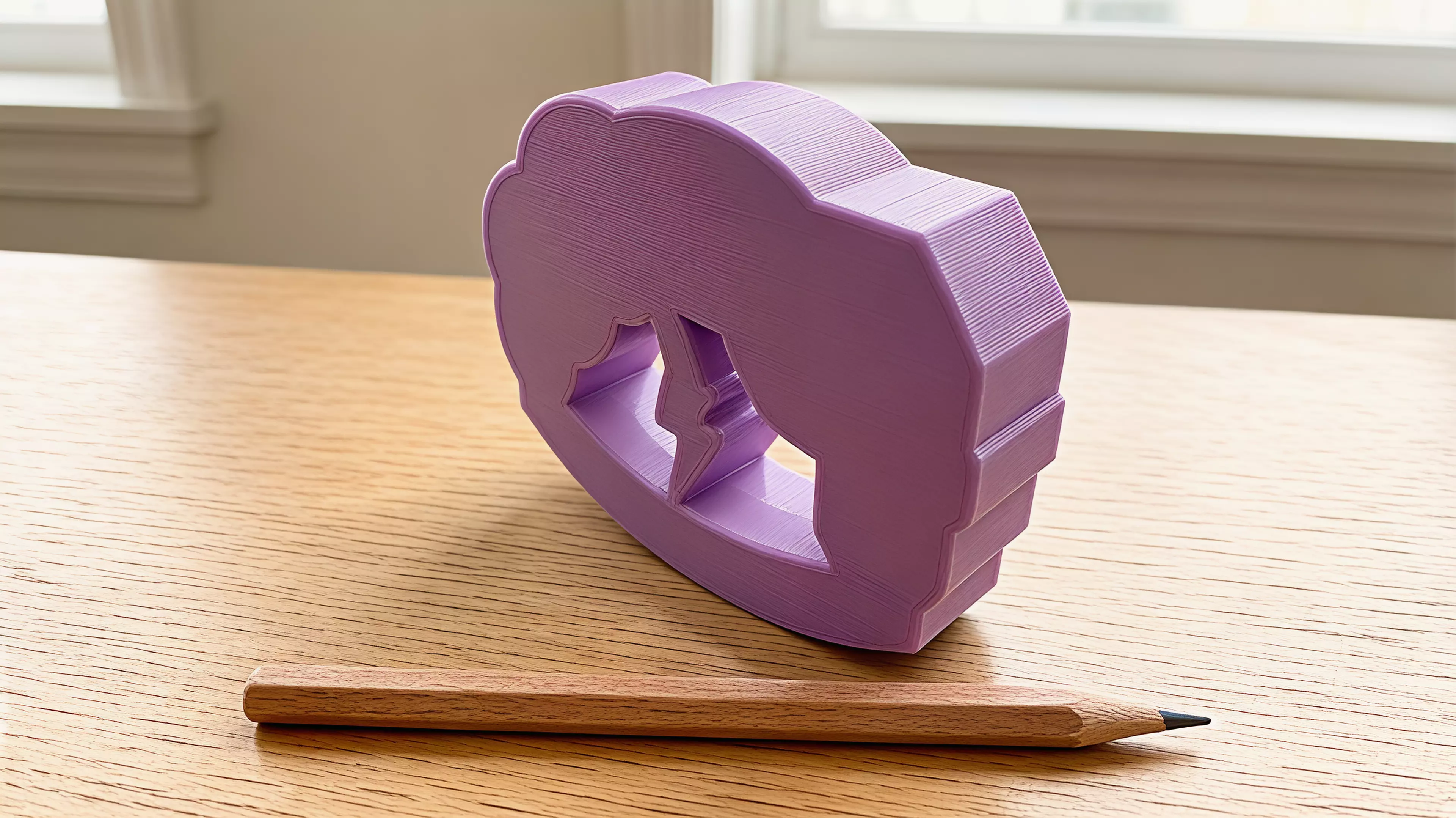 A palm-sized, one-piece storm-cloud desk rocker whose connected lightning bolt sweeps through the open arch as the whole body rocks and returns toward center.