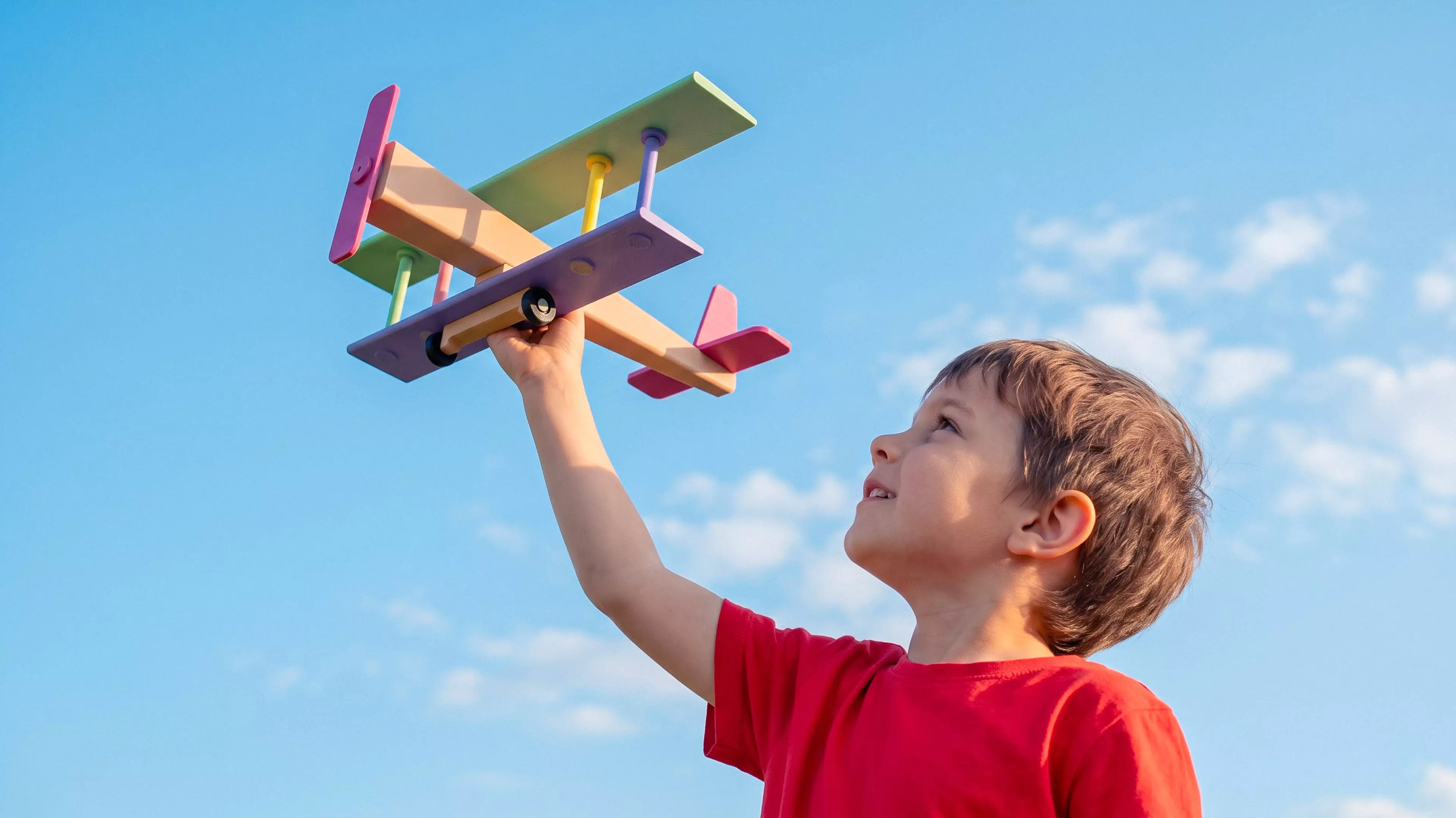 A pocket-size rubber-band-powered vintage biplane: a two-wing hand-launch glider with a free-spinning propeller driven by a twisted rubber-band motor housed in the fuselage, all in a single print color.