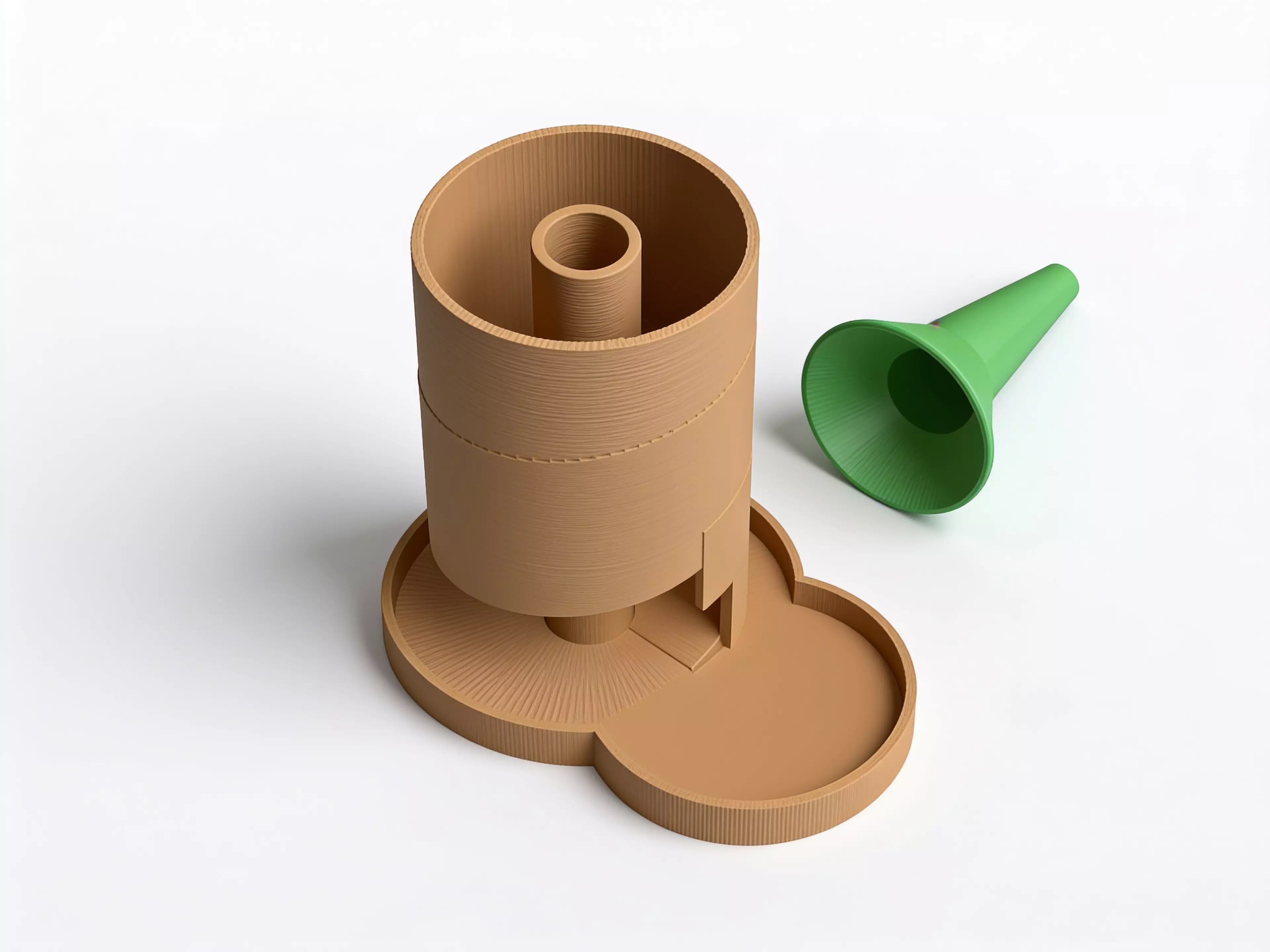 A 210 mm tall helical dice tower: a funnel hopper feeds dice onto a spiral ramp that winds 2.42 turns around a central pillar, contained by overlapping guide walls, exiting through a domed chute near the base onto an integrated landing tab.