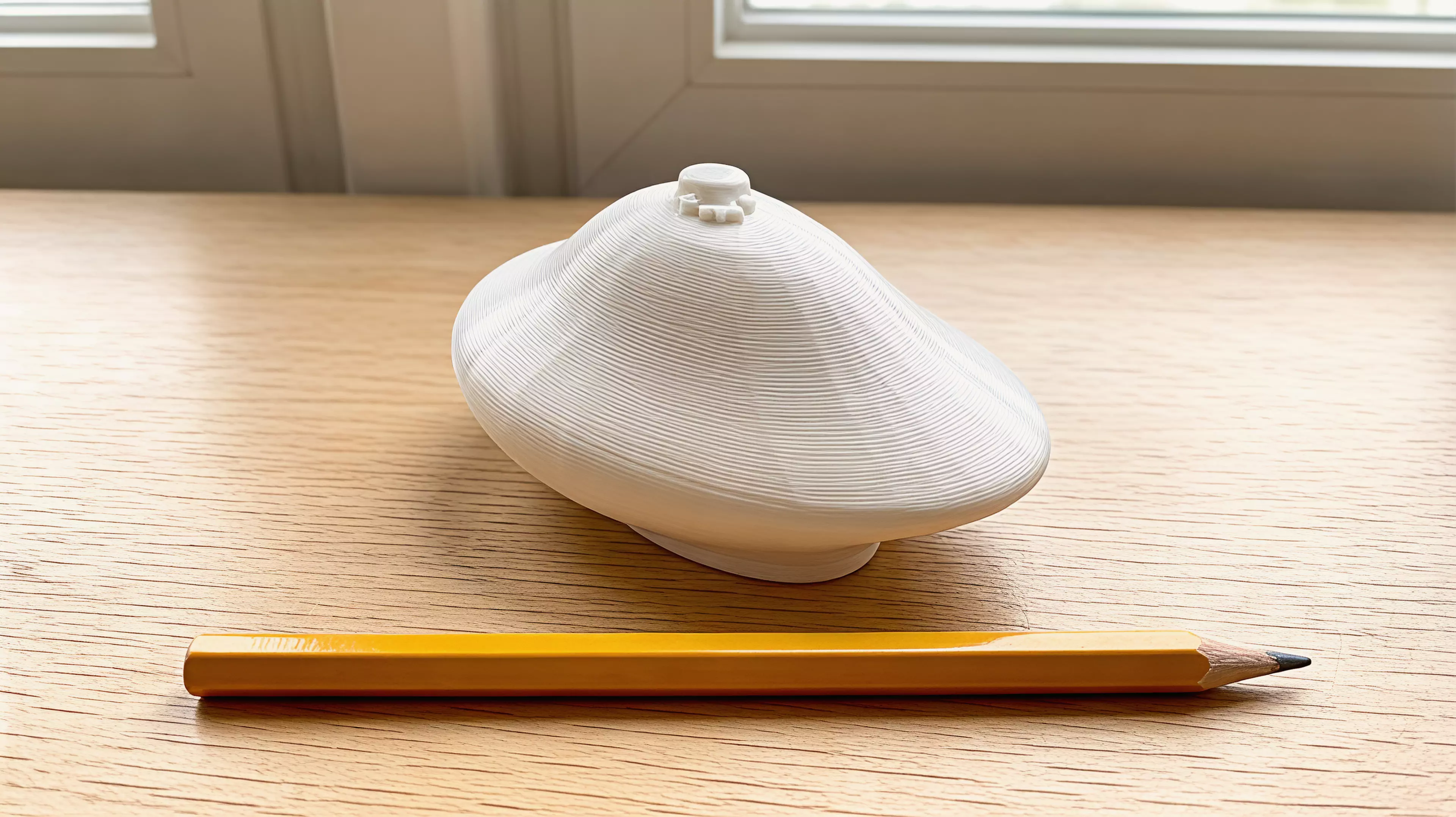 A palm-size one-piece desk wobbler designed for a sideways flick or gentle roll, with a raised smiling-star home cue.