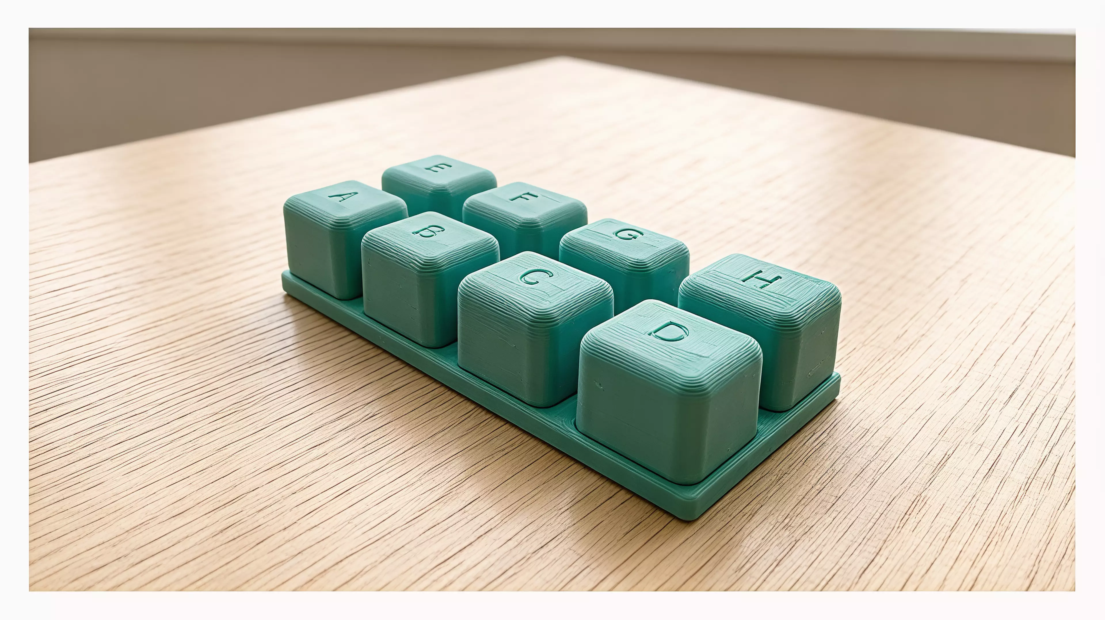 A single printed edge-alphabet proof plate: eight soft, pebble-like blocks (A–H) in a 4×2 array on one base, each block presenting one mating profile on its front (+Y) face and its raised identifying letter on top.