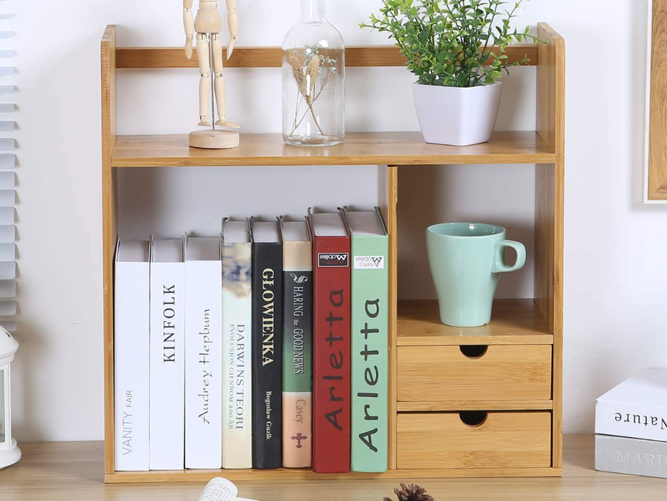 Maydear Bamboo Desktop Bookshelf with 2 drawers: Double Layer