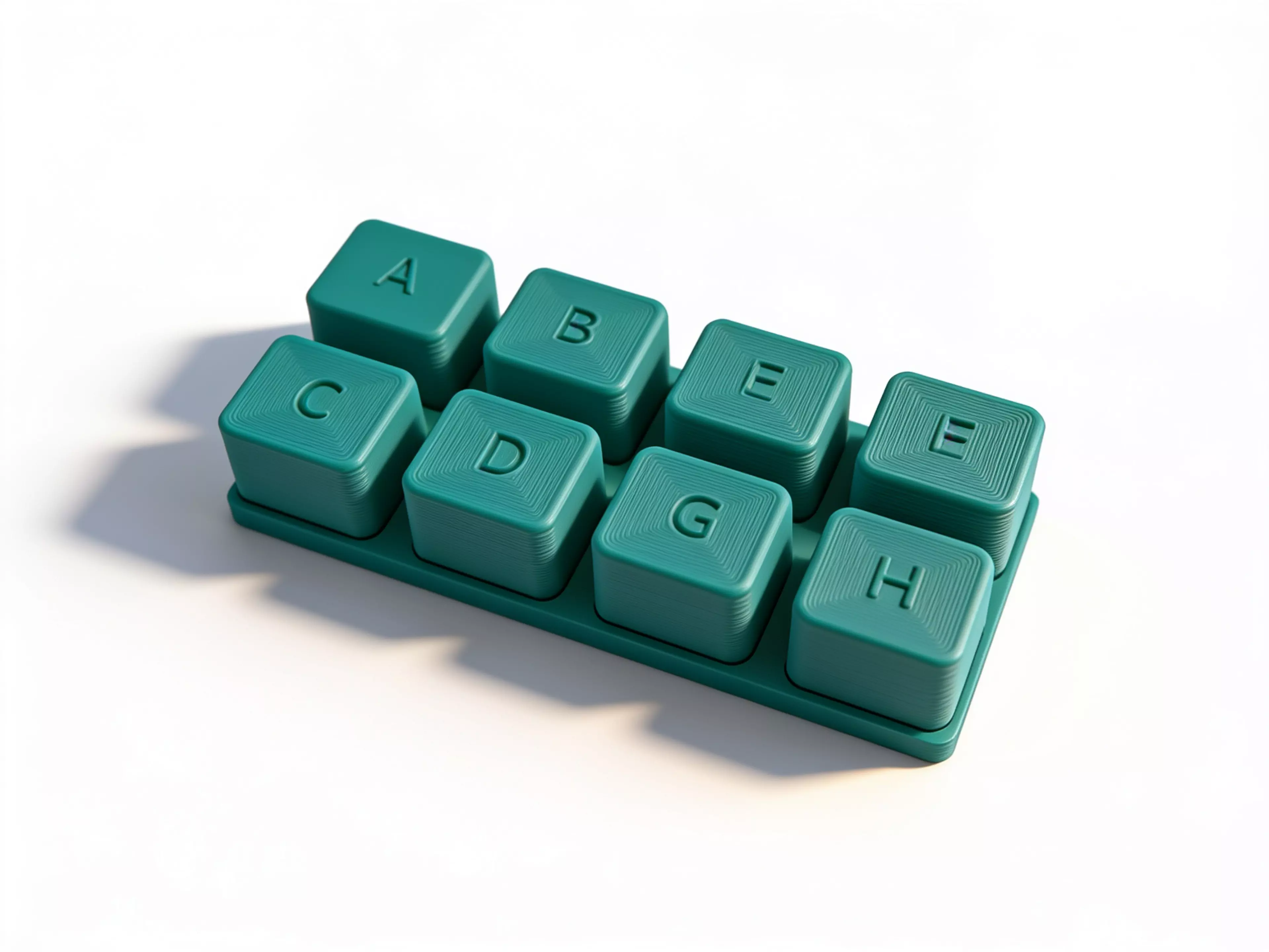 A single printed edge-alphabet proof plate: eight soft, pebble-like blocks (A–H) in a 4×2 array on one base, each block presenting one mating profile on its front (+Y) face and its raised identifying letter on top.