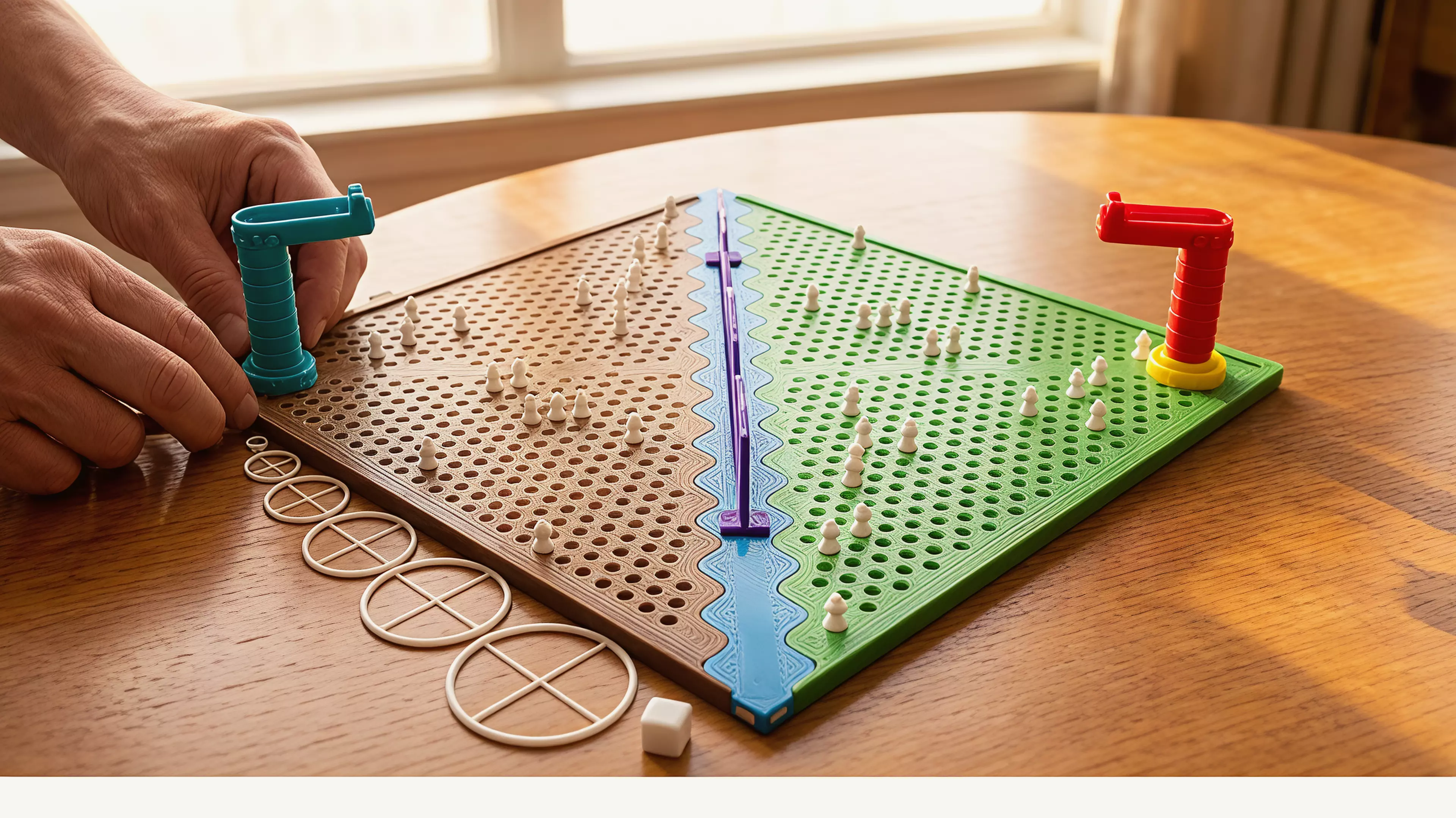 **Arrows Across the River** is a two-player competitive board game combining strategic army placement, physical aiming, and dice-based area damage. Players command 21 soldiers on opposite sides of a river and fire soft arrows from rotating archer towers. The arrow’s landing point determines the attack center, while a die roll determines its damage radius. The first player to eliminate the opposing army wins.