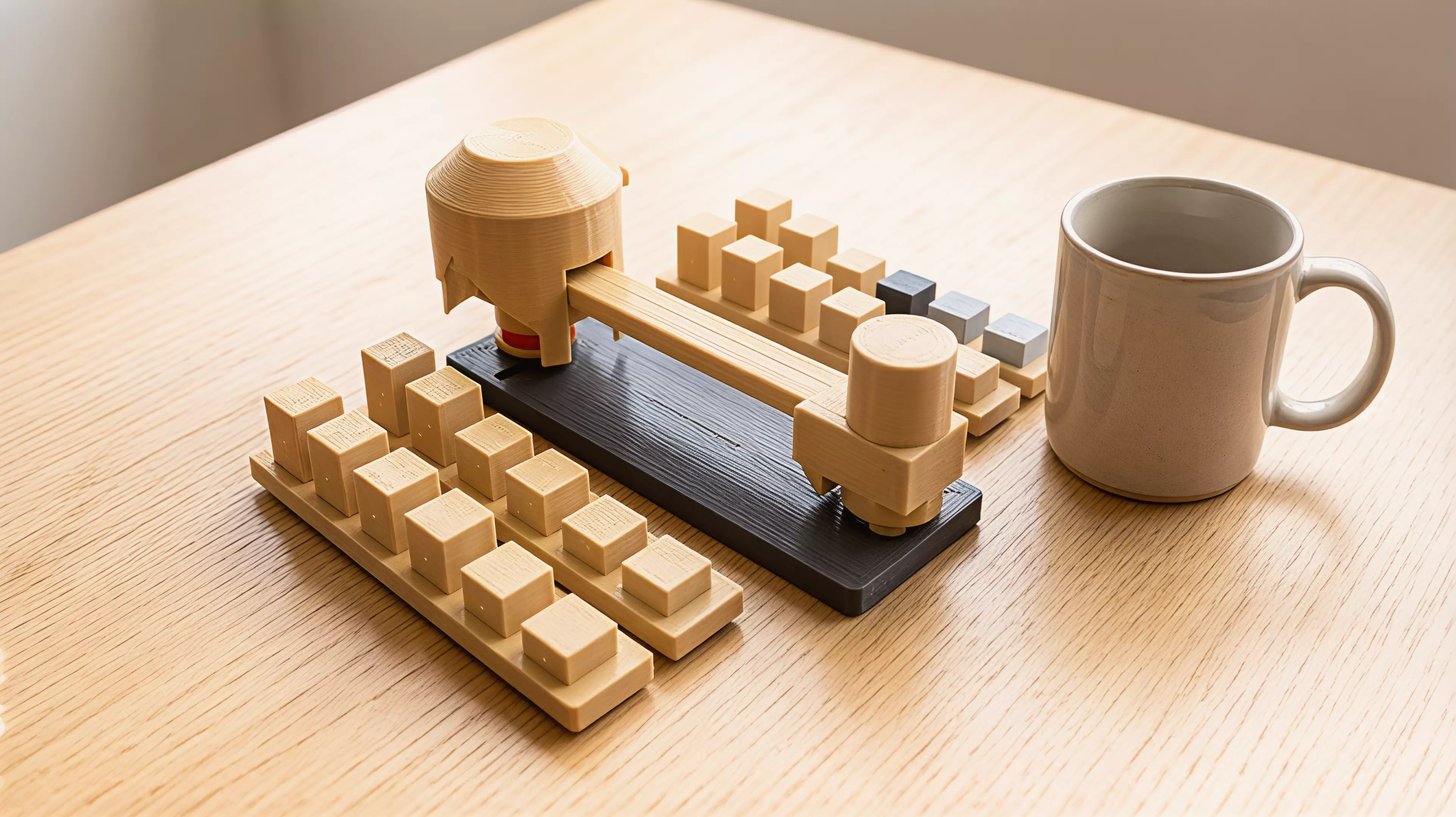 A limbo bar for solid objects. Every round, the player in last place turns a hooded knob in secret, dropping a loose bar by 1, 2, or 3 mm, and then everyone commits a block from their own stock at the same instant, blind. Cups lift together; the tallest block that slides through without touching the bar wins the round and joins your score line, and a block that touches is gone for good. Nothing is marked and nothing is written down mid-round, the bar itself is the only judge. 2-4 players, 20 min, ages 14+. The complete rules ship with the files as RULES.md. By Bob.