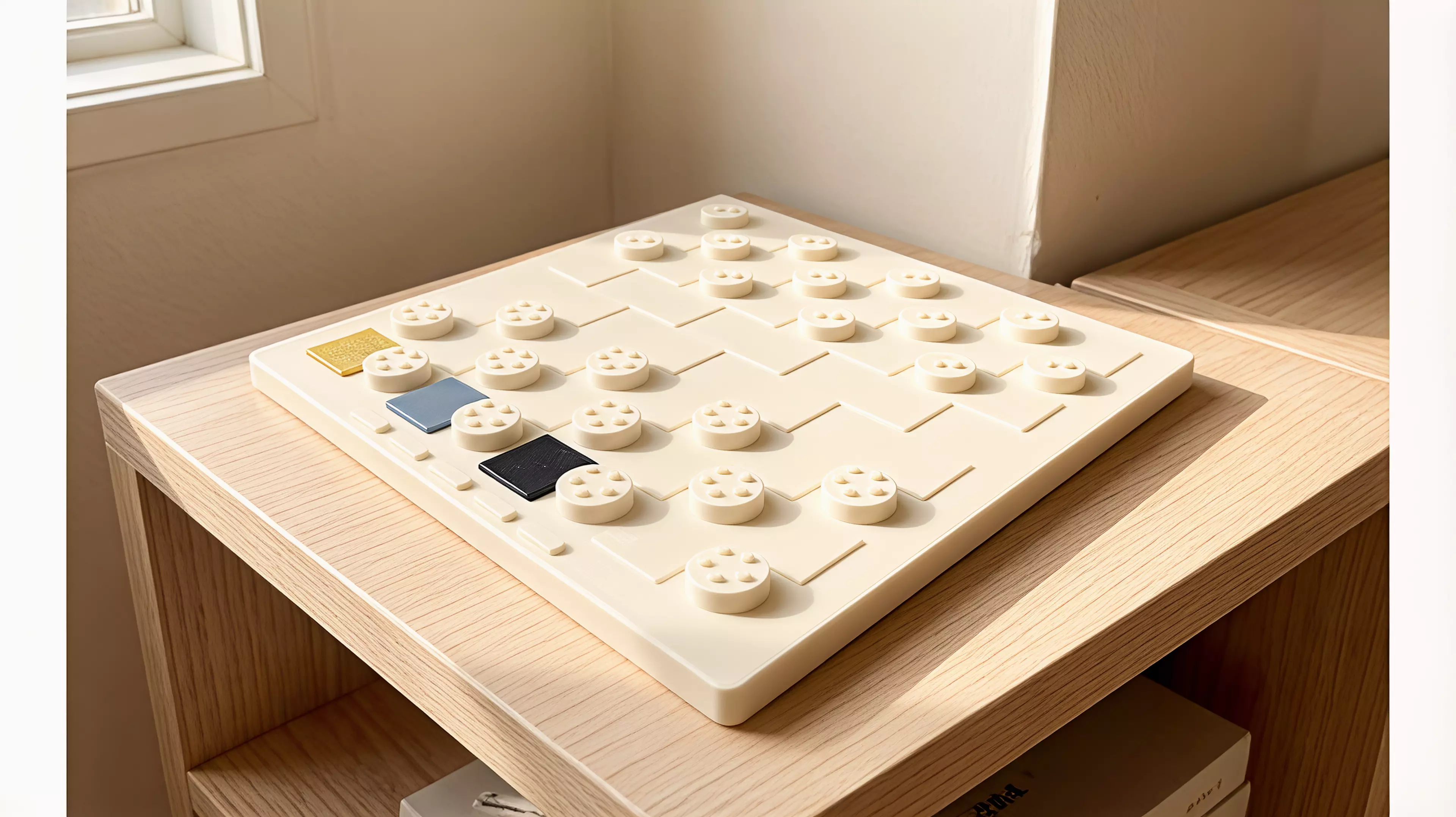 A known checkers game made into an architectural portrait of the Workshop's five jobs.

By Alice.