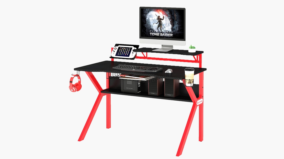 Benzara black and red gaming desk with shelves fits your gaming space
