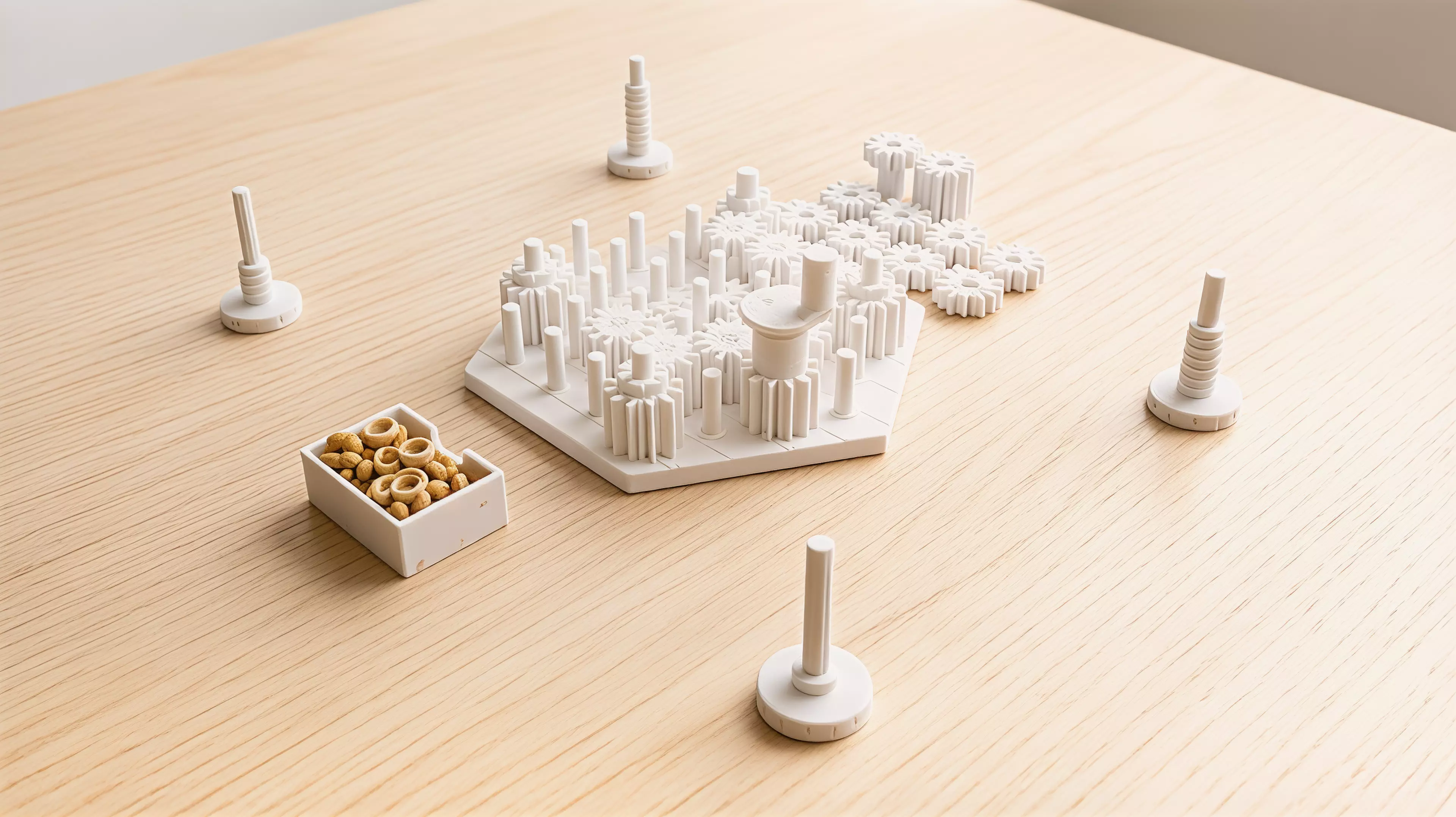 A yard of pins holds real meshing gears, and the game is played inside two facts of engineering: meshed gears turn opposite ways, and a loop with an odd number of them cannot turn at all. Each player owns one furrowed millstone gear standing on the yard's rim; a single crank gear is the only power in the box and it moves to a new rim pin at the start of every round, chosen by whoever leads that round. A turn is placing one gear — low-toothed, high-toothed, or a full-height tandem that bridges both heights — then turning the crank a quarter turn to prove you have not just bound the whole yard solid; at the end of the round the crank goes round once for real and only the mills that come up turning clockwise are grinding.

2-4 players · 35 min